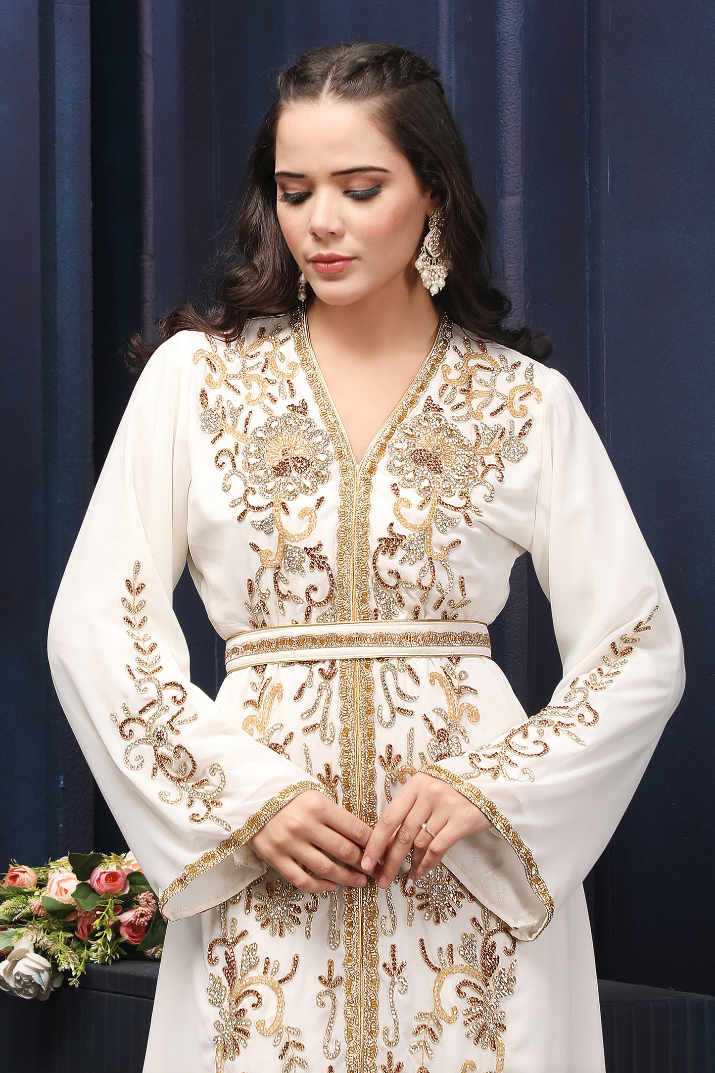 Modest Off-White Kaftan Dress with Premium Gold Embellishments Maxim Creation Modest Off-White Kaftan Dress with Premium Gold Embellishments Maxim Creation