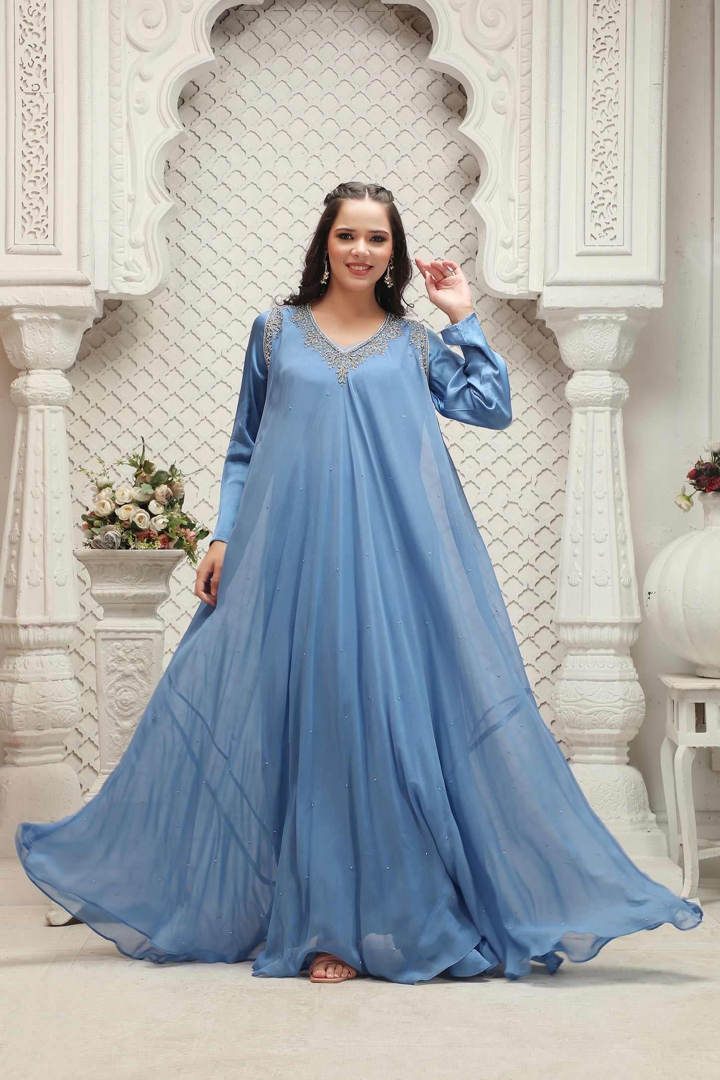 Elegant Sky Blue Embellished Kaftan Gown with Flowing Silhouette Maxim Creation Elegant Sky Blue Embellished Kaftan Gown with Flowing Silhouette Maxim Creation