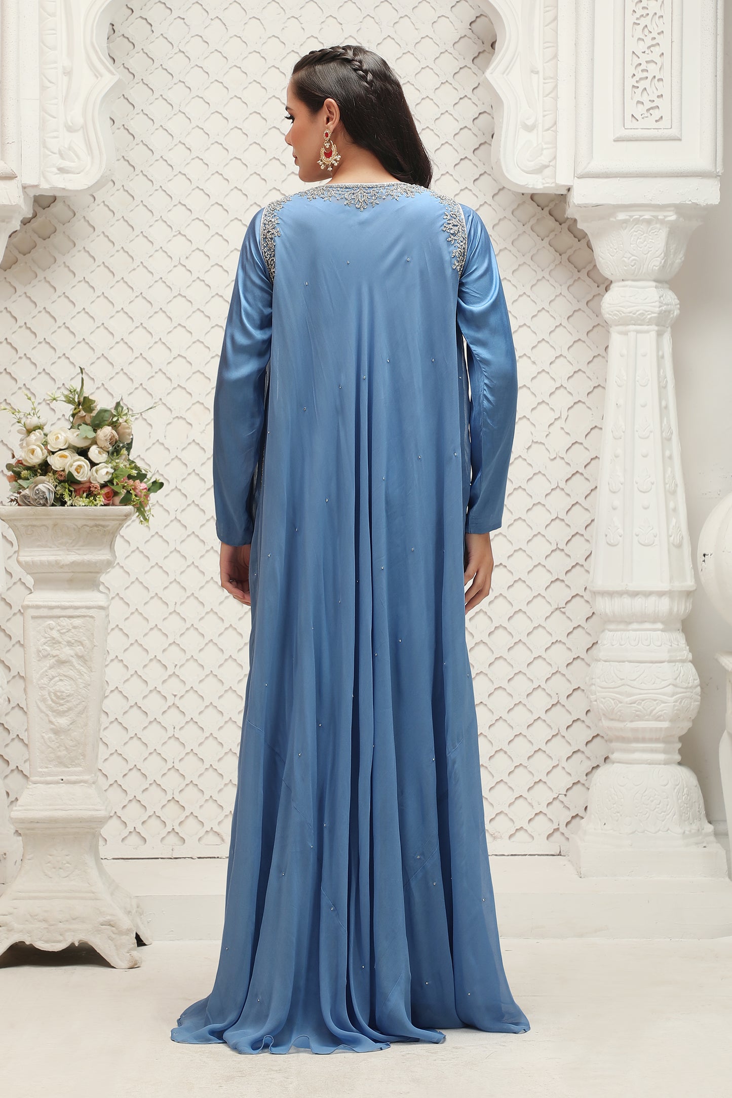 Elegant Sky Blue Embellished Kaftan Gown with Flowing Silhouette XS / 58 / Matching Embroidered Scarf (24 X 71 Inches) Elegant Sky Blue Embellished Kaftan Gown with Flowing Silhouette XS / 58 / Matching Embroidered Scarf (24 X 71 Inches)