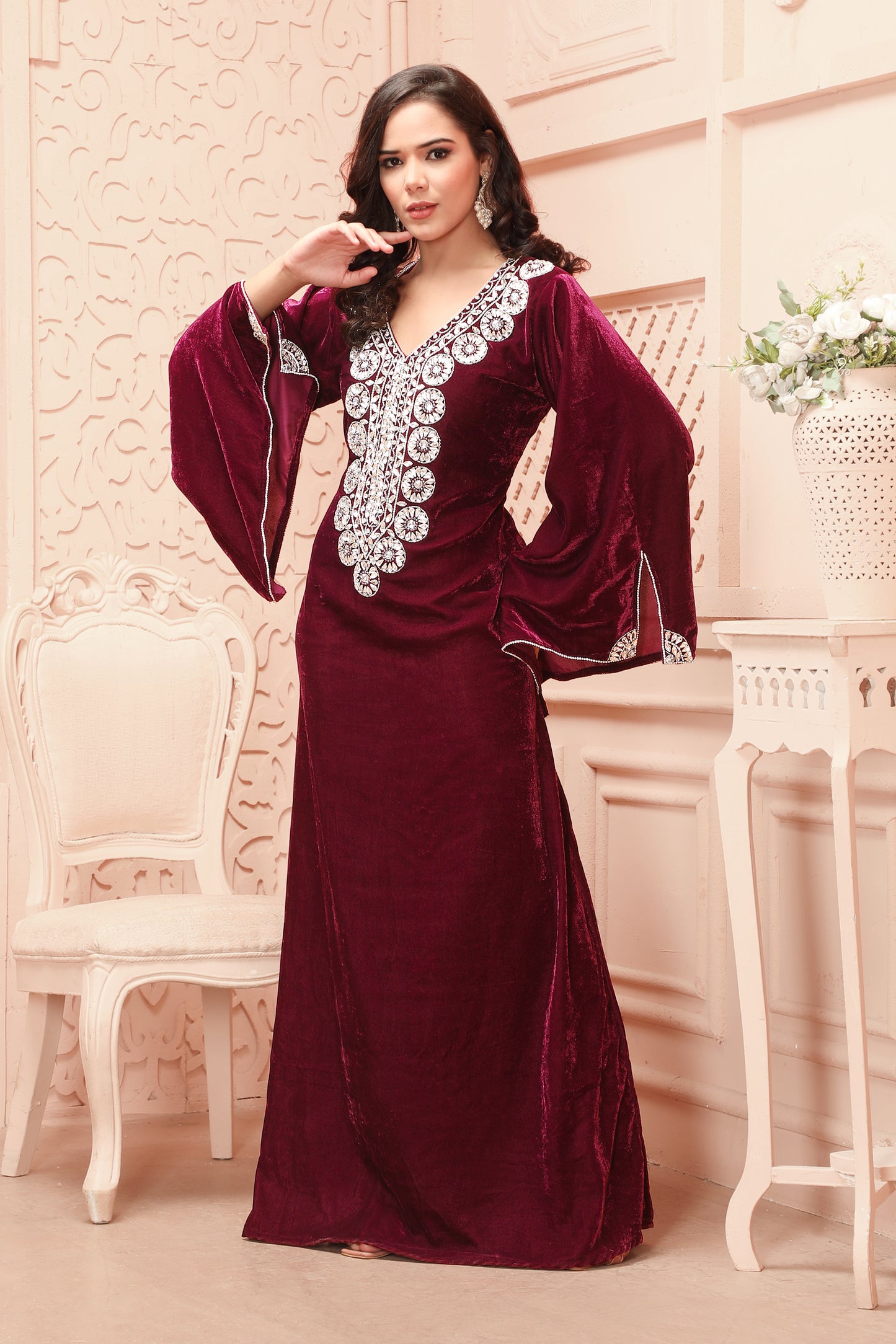 Royal Velvet Silver Embroidered Gown with Statement Neck Design in Velvet fabric 3XL / 58 / Matching Embroidered Scarf (24 X 71 Inches) Royal Velvet Silver Embroidered Gown with Statement Neck Design in Velvet fabric 3XL / 58 / Matching Embroidered Scarf (24 X 71 Inches)