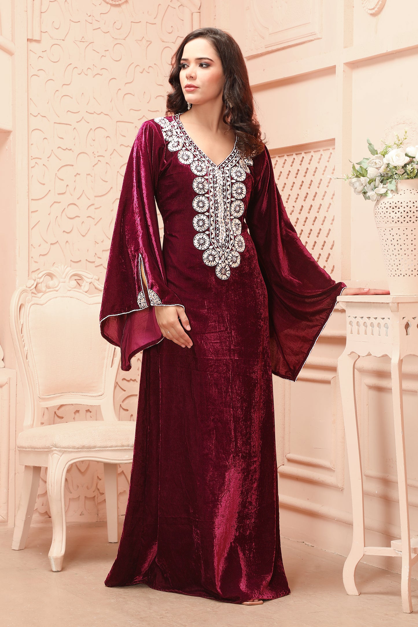 Royal Velvet Silver Embroidered Gown with Statement Neck Design in Velvet fabric 3XL / 58 / Matching Embroidered Scarf (24 X 71 Inches) Royal Velvet Silver Embroidered Gown with Statement Neck Design in Velvet fabric 3XL / 58 / Matching Embroidered Scarf (24 X 71 Inches)