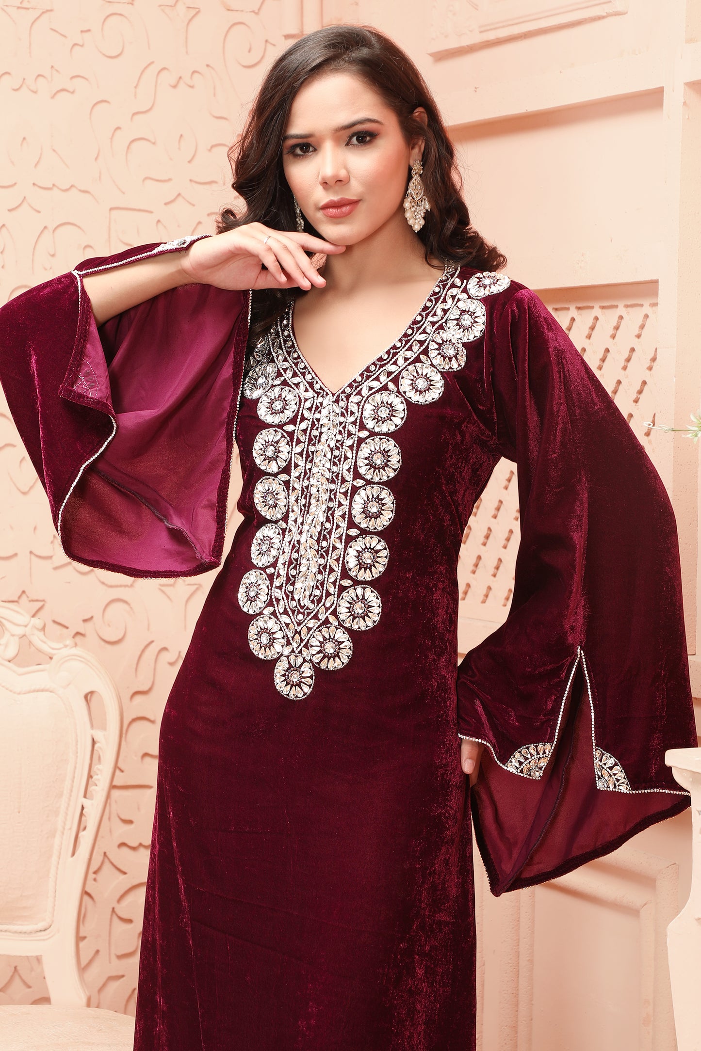 maroon velvet dress Royal Velvet Silver Embroidered Gown with Statement Neck Design in Velvet fabric 3XL / 56 / No Scarf