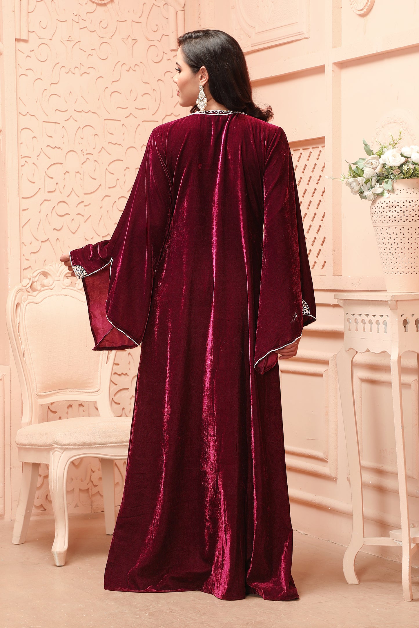 velvet cloth dress Royal Velvet Silver Embroidered Gown with Statement Neck Design in Velvet fabric 3XL / 56 / No Scarf