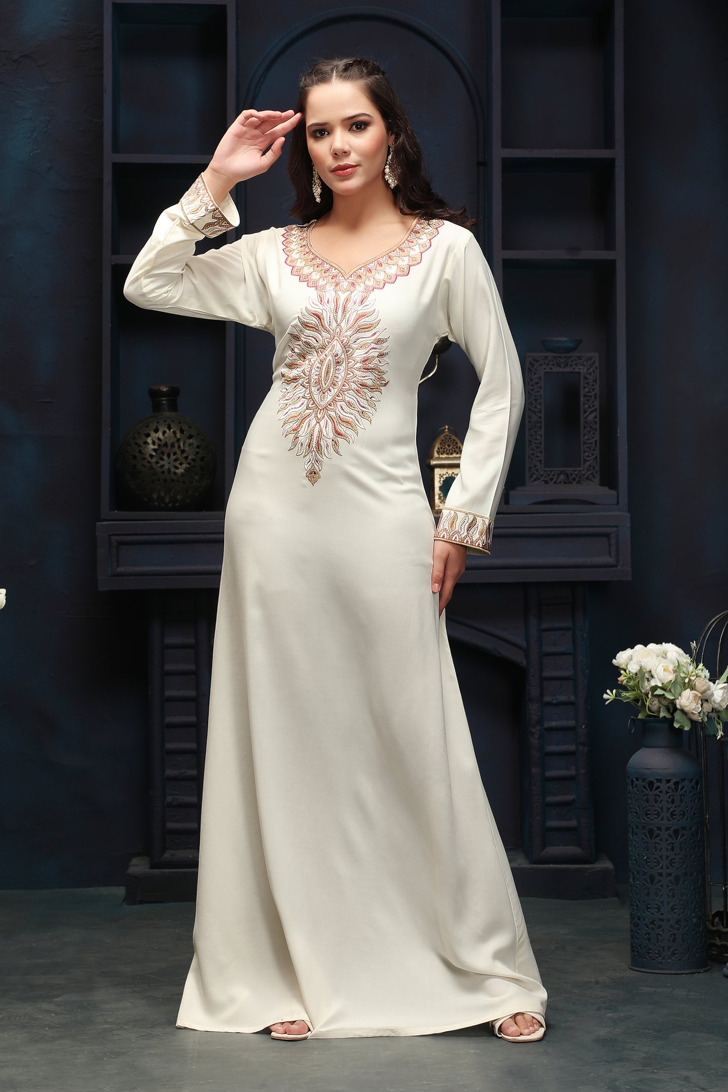 Designer Jalabiya in Ivory with Multicolor Embroidery 5XL / 54 / Matching Embroidered Scarf (24 X 71 Inches) Designer Jalabiya in Ivory with Multicolor Embroidery 5XL / 54 / Matching Embroidered Scarf (24 X 71 Inches)