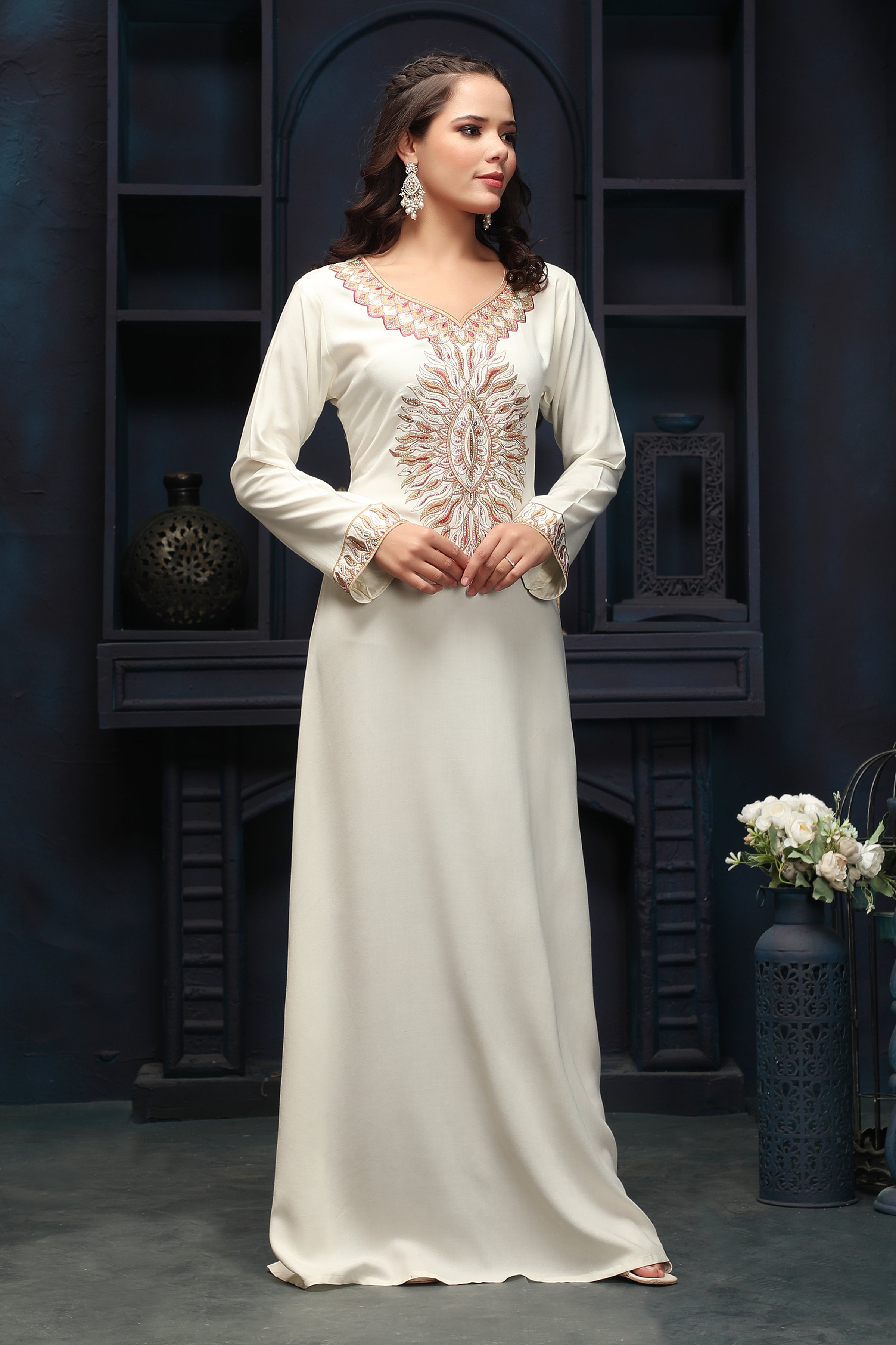 Designer Jalabiya in Ivory with Multicolor Embroidery – Maxim Creation