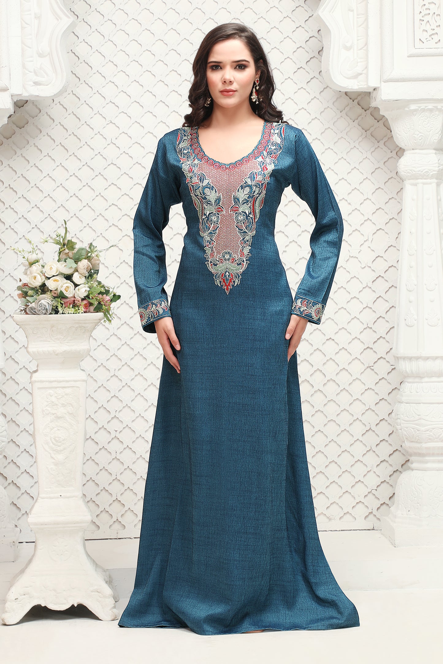 Modestwear Teal Blue Jalabiya with Thread and Stone Embroidery Maxim Creation Modestwear Teal Blue Jalabiya with Thread and Stone Embroidery Maxim Creation