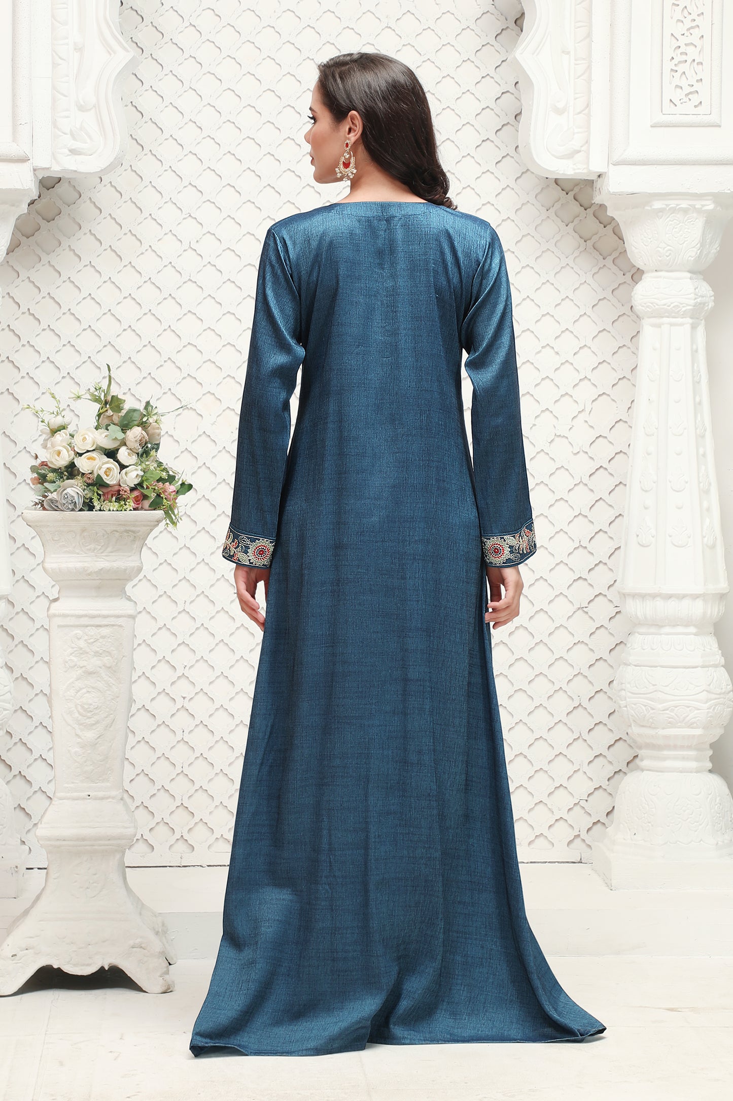 Modestwear Teal Blue Jalabiya with Thread and Stone Embroidery Maxim Creation Modestwear Teal Blue Jalabiya with Thread and Stone Embroidery Maxim Creation