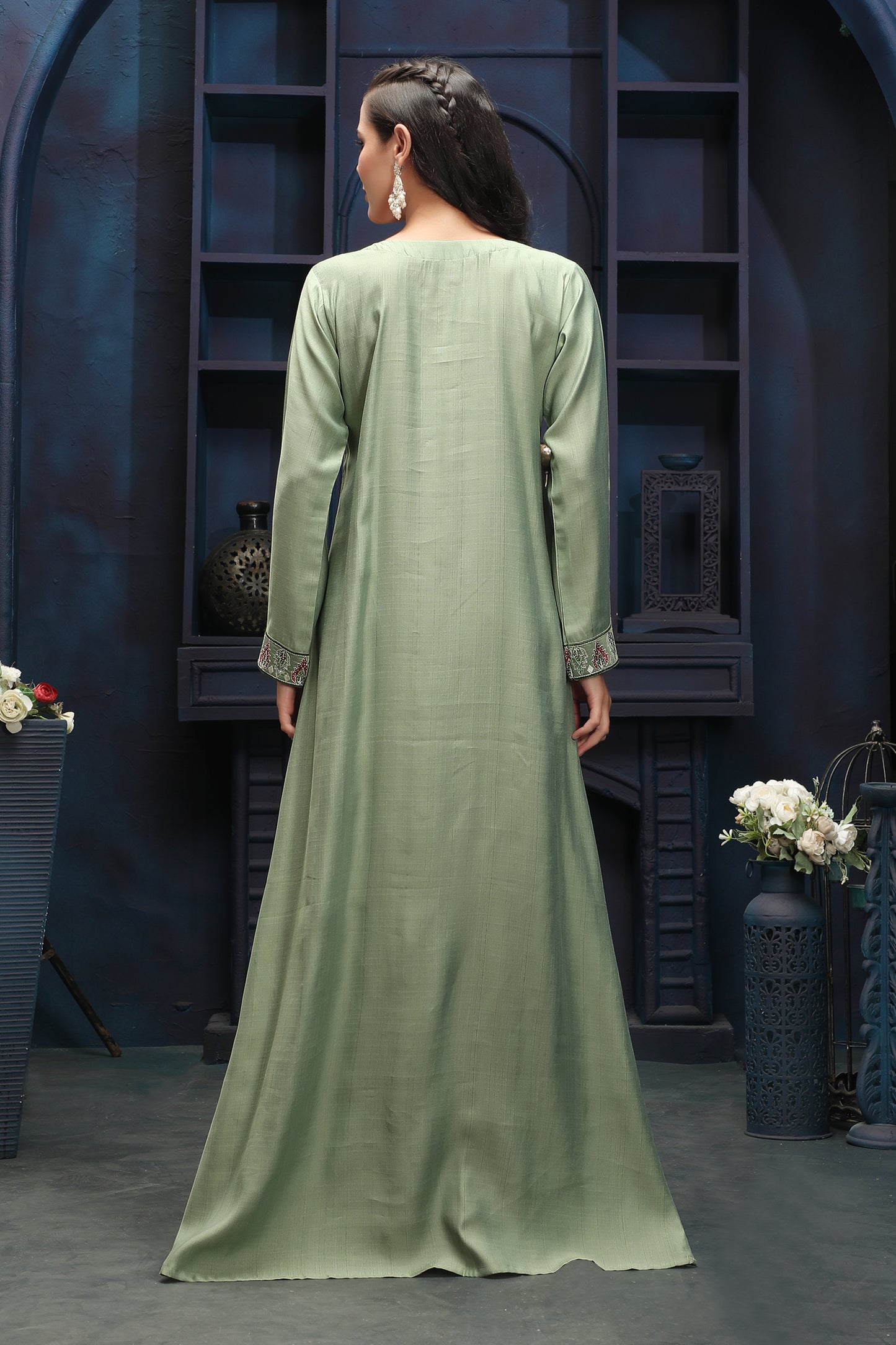 Modestwear Sage Green Jalabiya with Floral Embroidery Maxim Creation Modestwear Sage Green Jalabiya with Floral Embroidery Maxim Creation