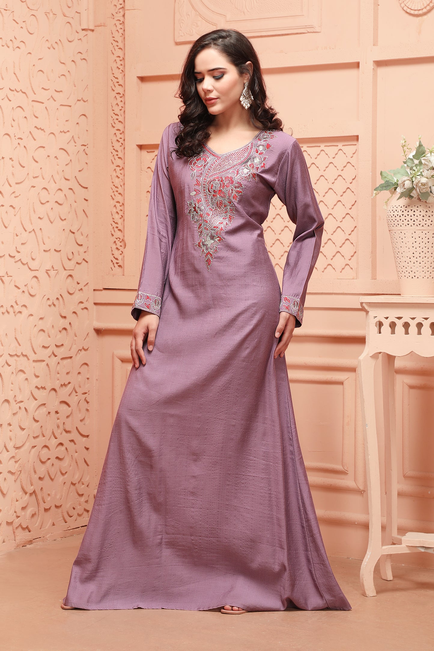 Modestwear Jalabiya in Mauve with Floral Thread & Stone Embroidery XS / 54 / Matching Embroidered Scarf (24 X 71 Inches) Modestwear Jalabiya in Mauve with Floral Thread & Stone Embroidery XS / 54 / Matching Embroidered Scarf (24 X 71 Inches)