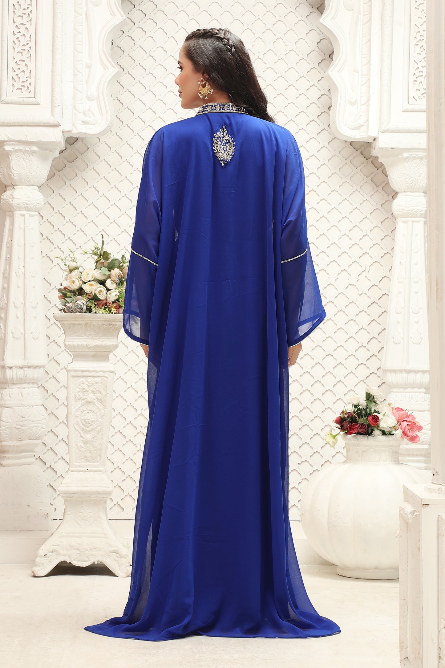 Royal Blue Embroidered Kaftan Gown with Sheer Flowing Sleeves 3XL / 60 / Matching Embroidered Scarf (24 X 71 Inches) Royal Blue Embroidered Kaftan Gown with Sheer Flowing Sleeves 3XL / 60 / Matching Embroidered Scarf (24 X 71 Inches)