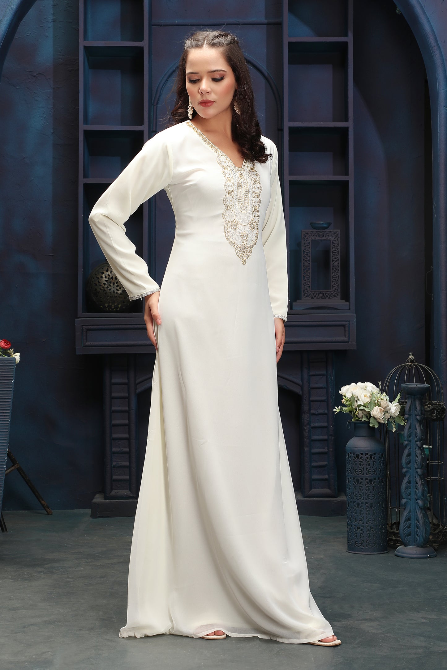 Designer Ivory Modest Dress with Hand Embroidery 3XL / 58 / No Scard Designer Ivory Modest Dress with Hand Embroidery 3XL / 58 / No Scard
