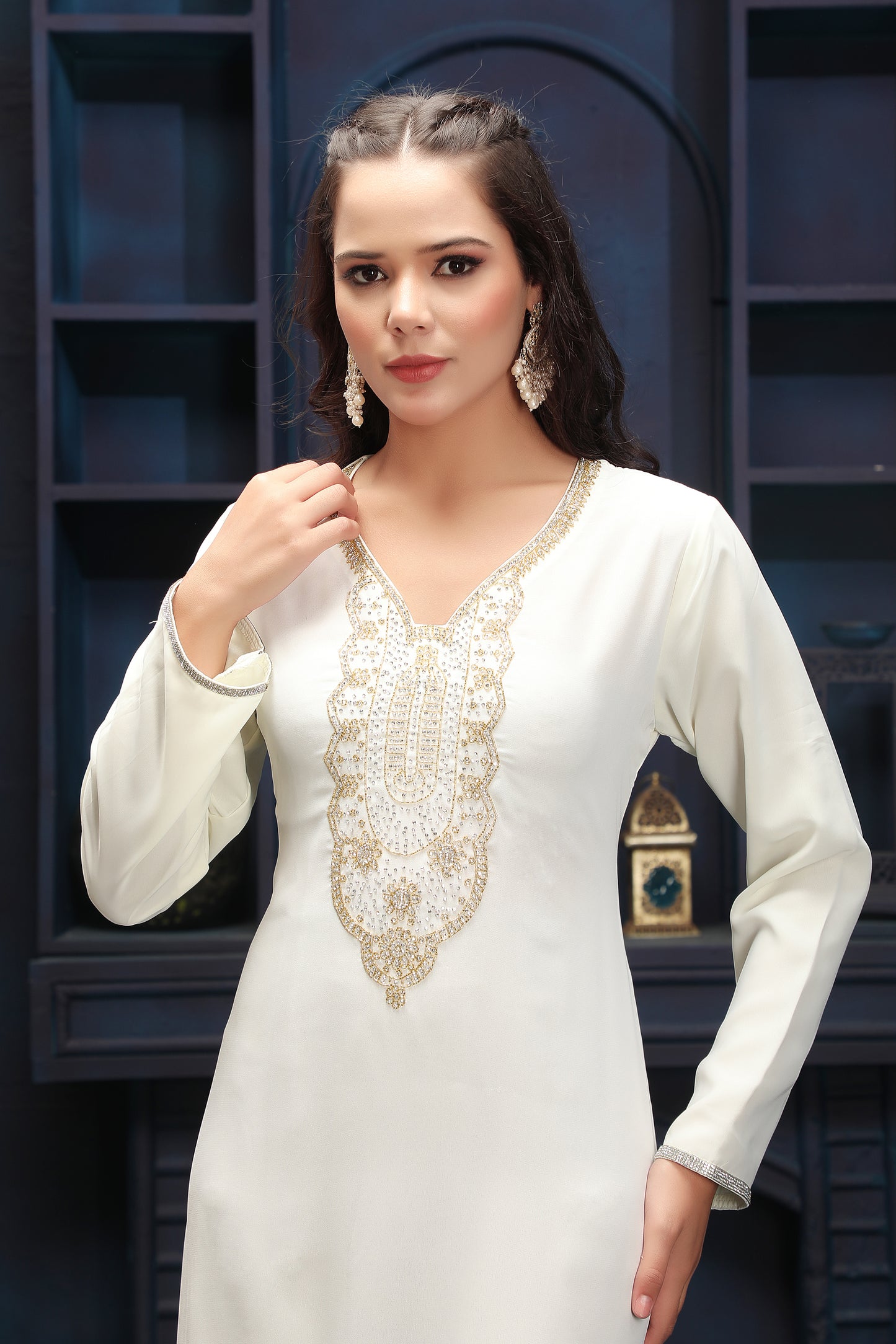 Designer Ivory Modest Dress with Hand Embroidery Maxim Creation Designer Ivory Modest Dress with Hand Embroidery Maxim Creation