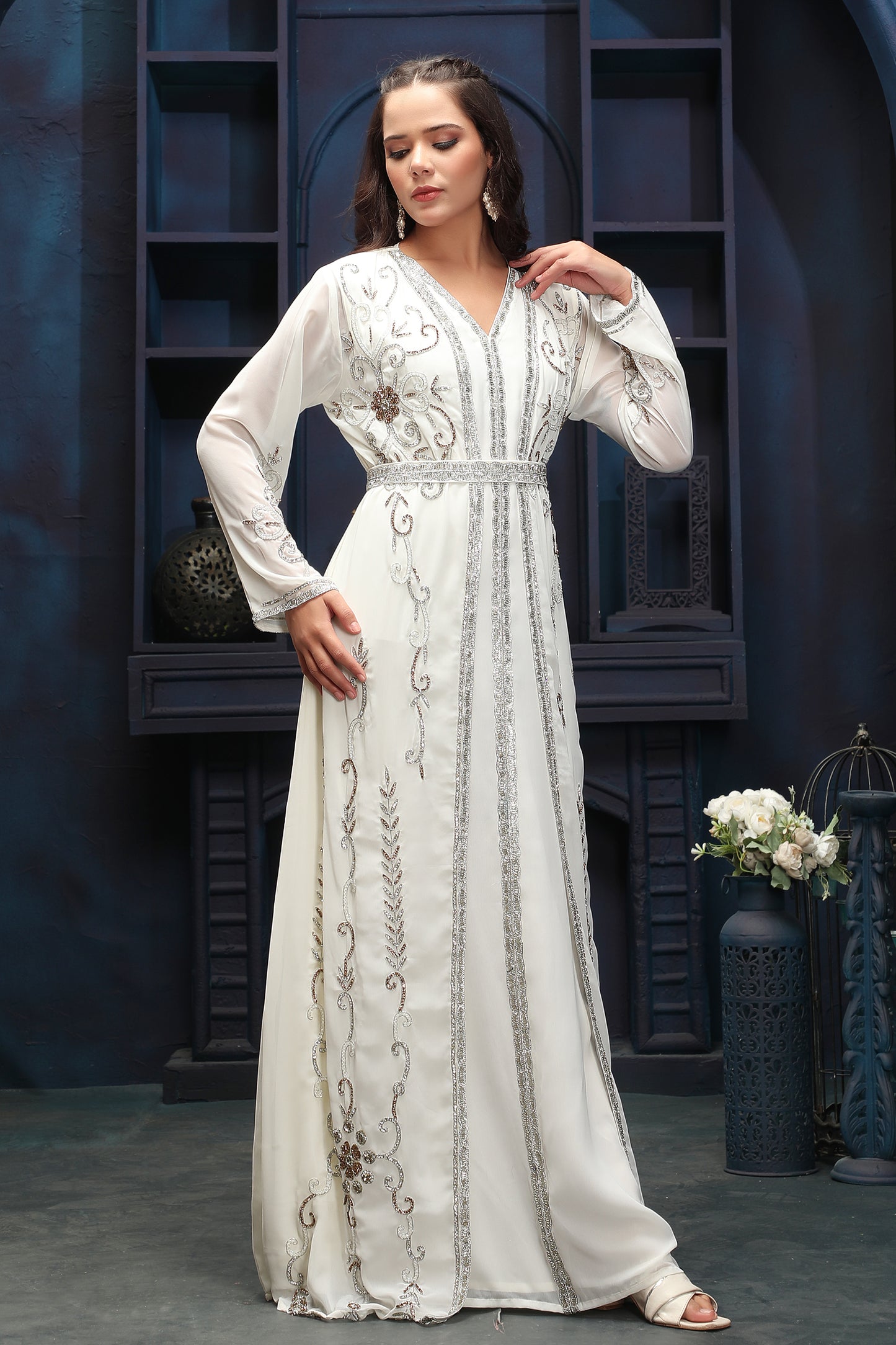 Designer Cream White Ethnic Gown with Premium Finish 5XL / 60 / No Scarf Designer Cream White Ethnic Gown with Premium Finish 5XL / 60 / No Scarf
