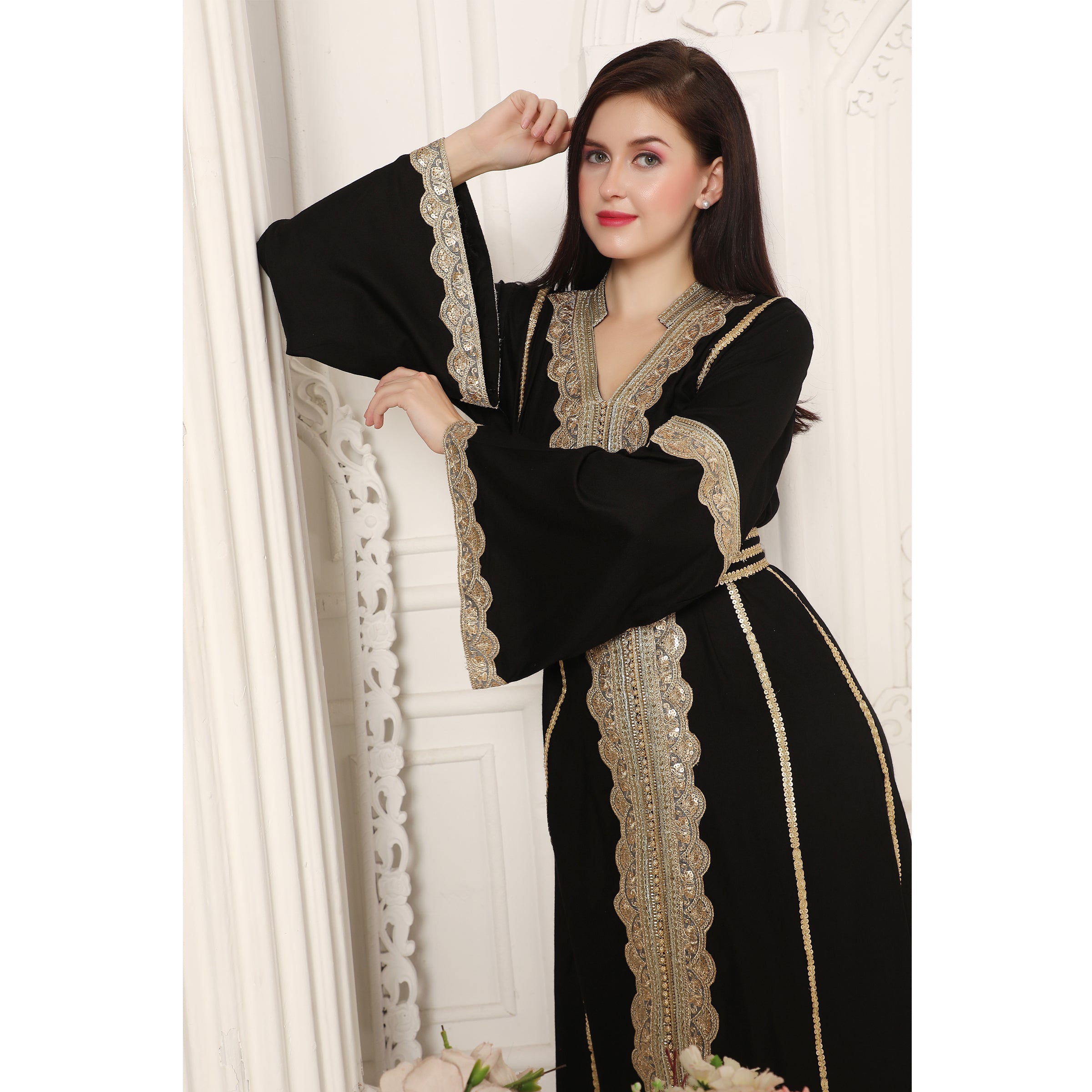 Designerwear Jalabiya Kaftan with Golden lacework – Maxim Creation