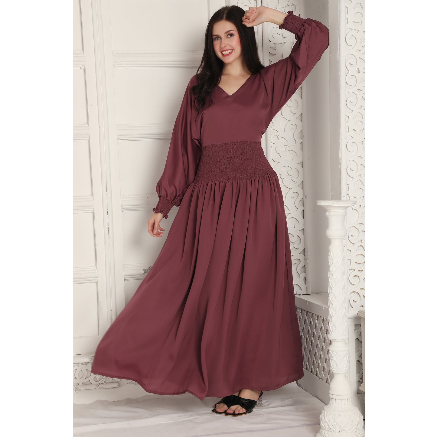 Smocked A-line Flowy Dress in Dark Pink Maxim Creation Smocked A-line Flowy Dress in Dark Pink Maxim Creation