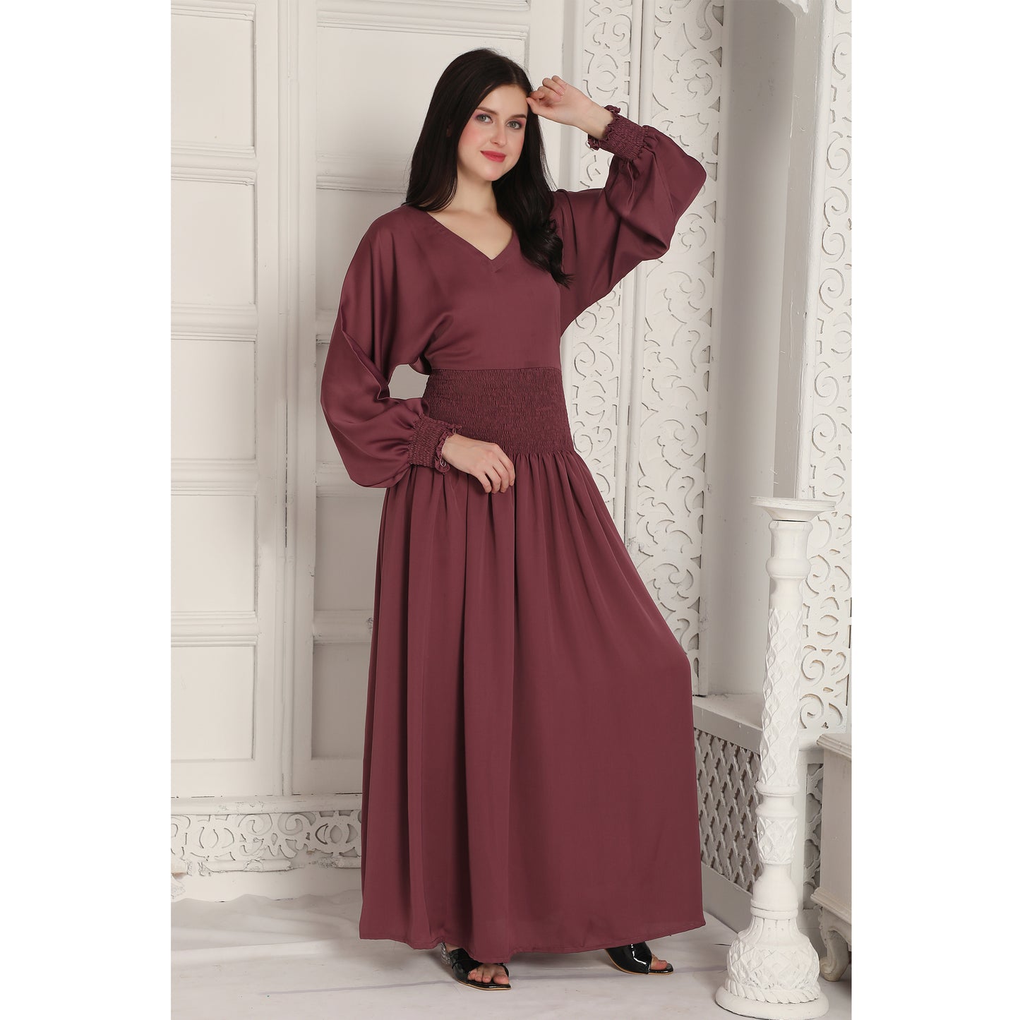 Smocked A-line Flowy Dress in Dark Pink Maxim Creation Smocked A-line Flowy Dress in Dark Pink Maxim Creation