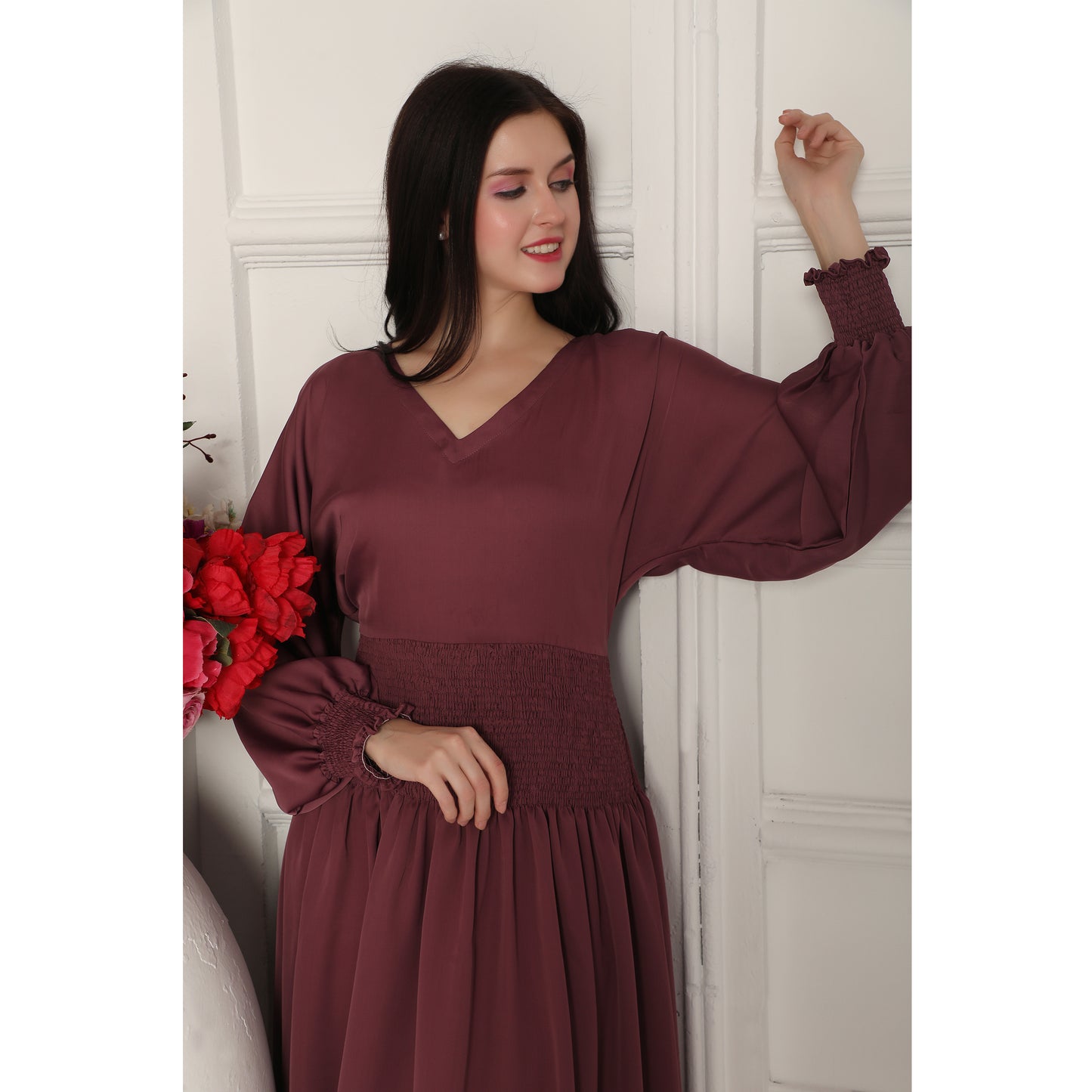 Smocked A-line Flowy Dress in Dark Pink Maxim Creation Smocked A-line Flowy Dress in Dark Pink Maxim Creation