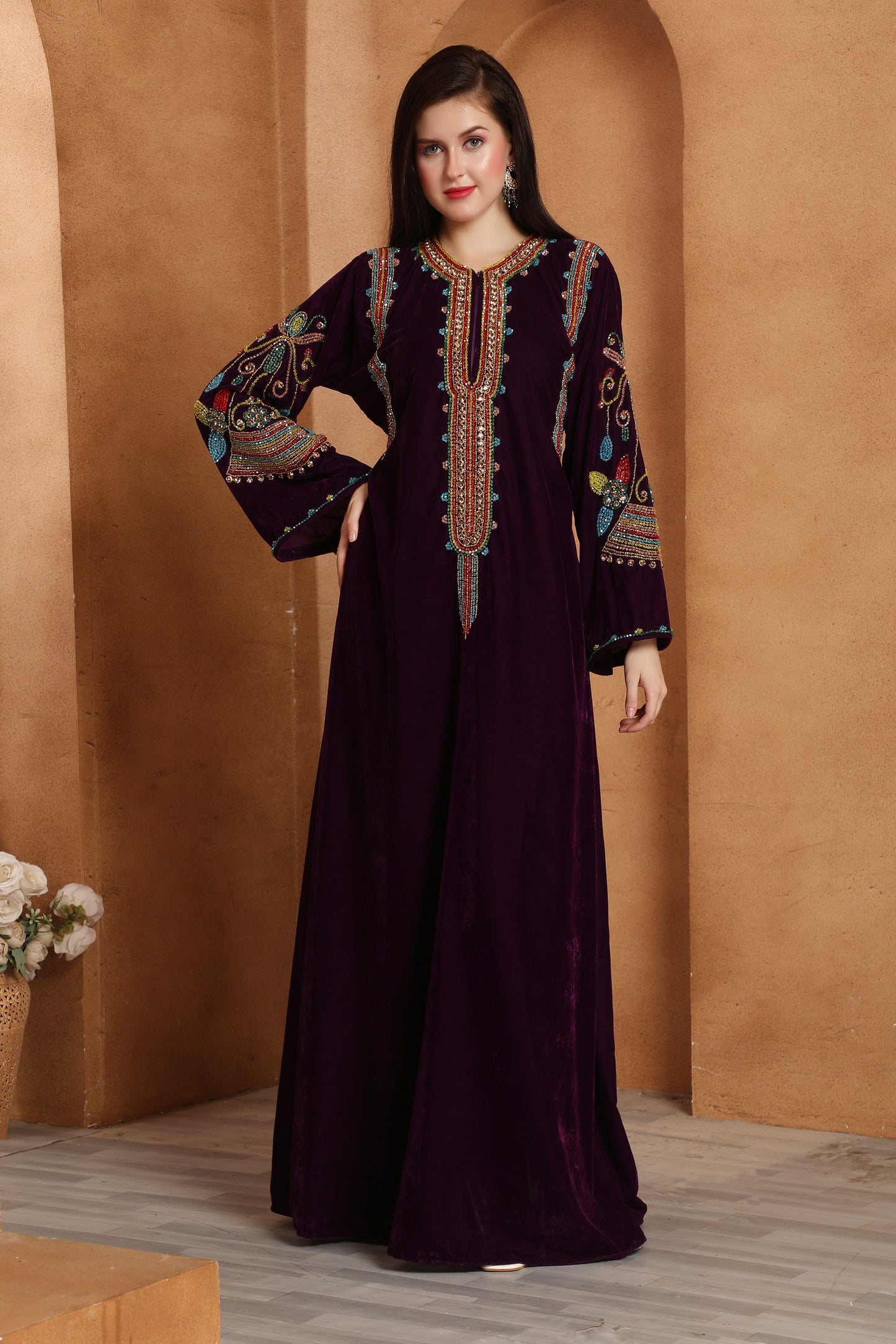 Designer Velvet Kaftan with Multicolor Embroidered Sleeves by Maxim Cr Maxim Creation Designer Velvet Kaftan with Multicolor Embroidered Sleeves by Maxim Cr Maxim Creation