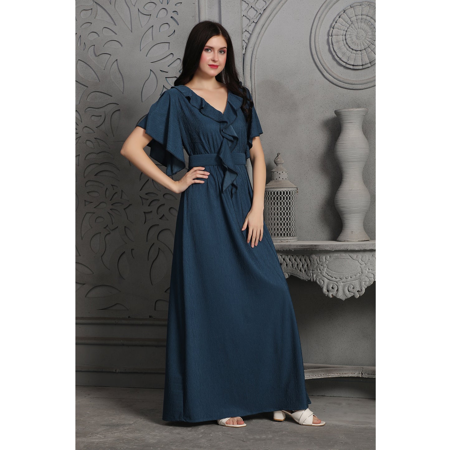 Half Sleeve Dress with Frills in Deep Smoky Blue Textured fabric Half Sleeve Dress with Frills in Deep Smoky Blue Textured fabric