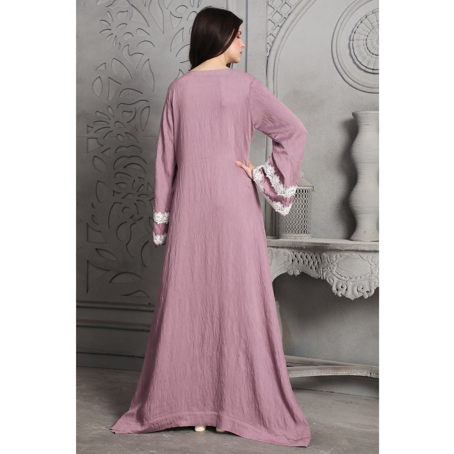 White Lacework Jalabiya Lilac Pink Arabic Style Kaftan L / 58 Inches / Matching Embroidered Scarf (24 X 71 Inches) White Lacework Jalabiya Lilac Pink Arabic Style Kaftan L / 58 Inches / Matching Embroidered Scarf (24 X 71 Inches)