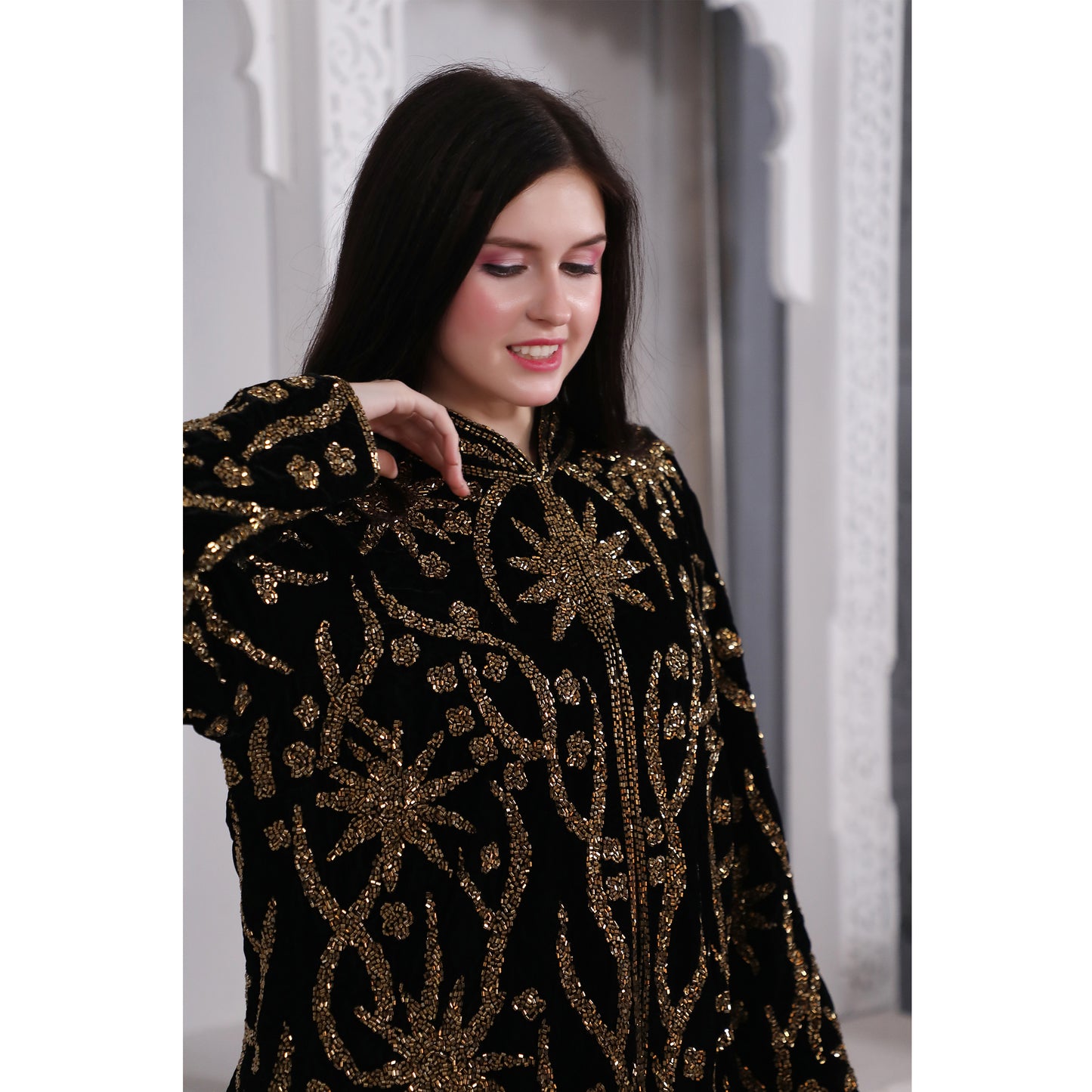 Designer Black Velvet Jacket with Golden Hand Embroidery (Top only) 3XL / Matching Embroidered Scarf (24 X 71 Inches) Designer Black Velvet Jacket with Golden Hand Embroidery (Top only) 3XL / Matching Embroidered Scarf (24 X 71 Inches)