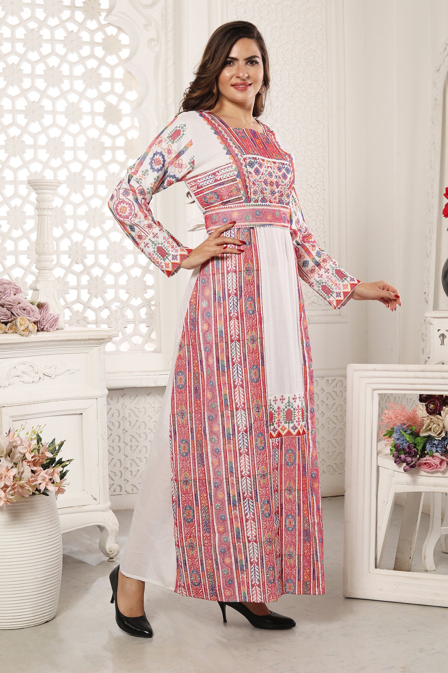 tatreez dress modern Palestinian Tatreez White Maxi Dress - Embroidered Modern Thobe