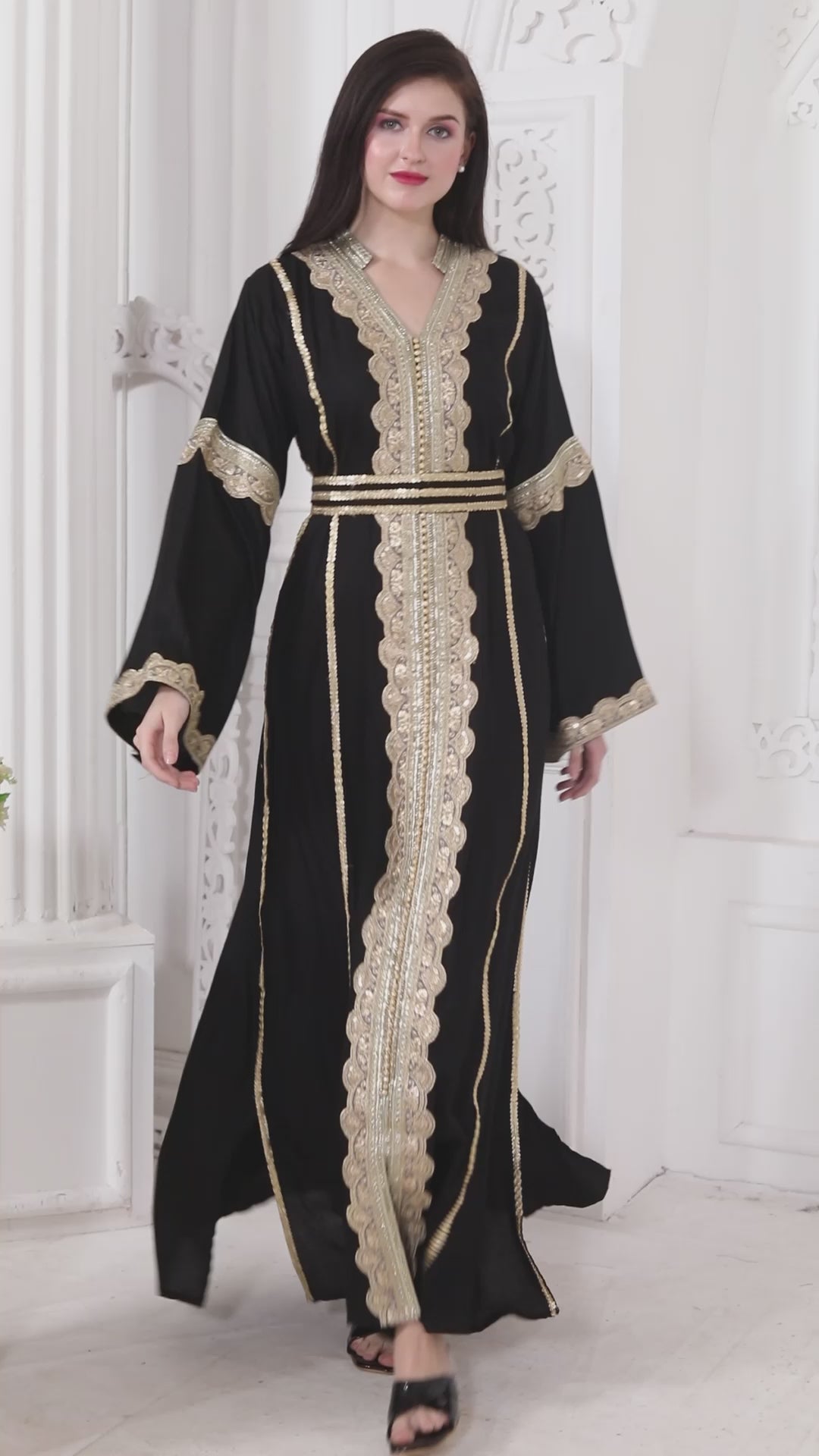 Designerwear Jalabiya Kaftan with Golden lacework – Maxim Creation