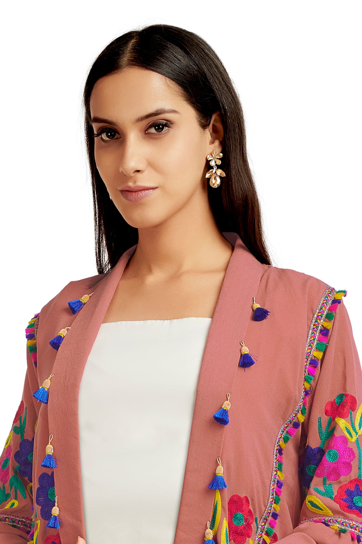 Multipurpose Long Cardigan in Rusty Pink with Colorful embroidery - Maxim Creation