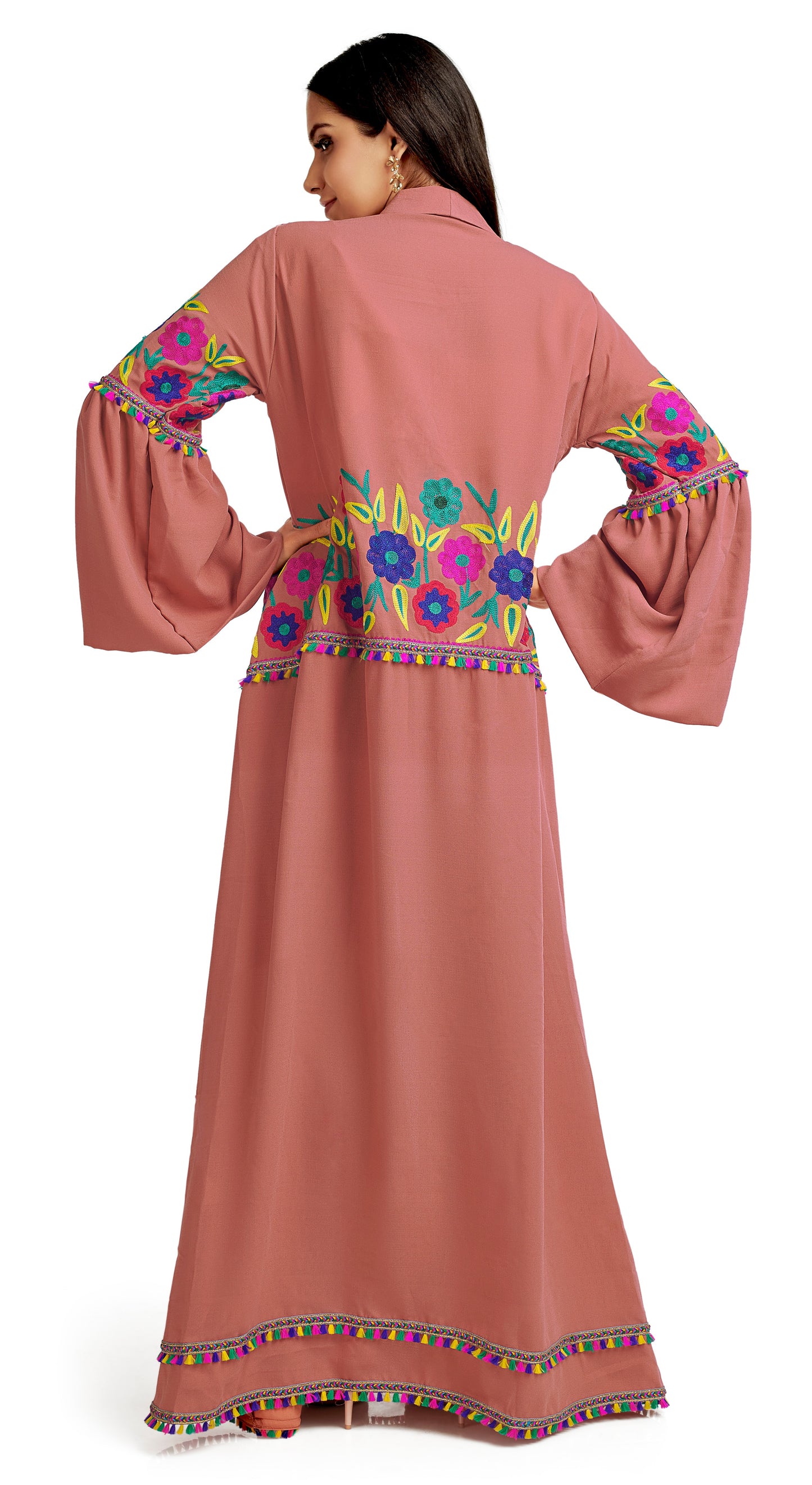 Multipurpose Long Cardigan in Rusty Pink with Colorful embroidery - Maxim Creation