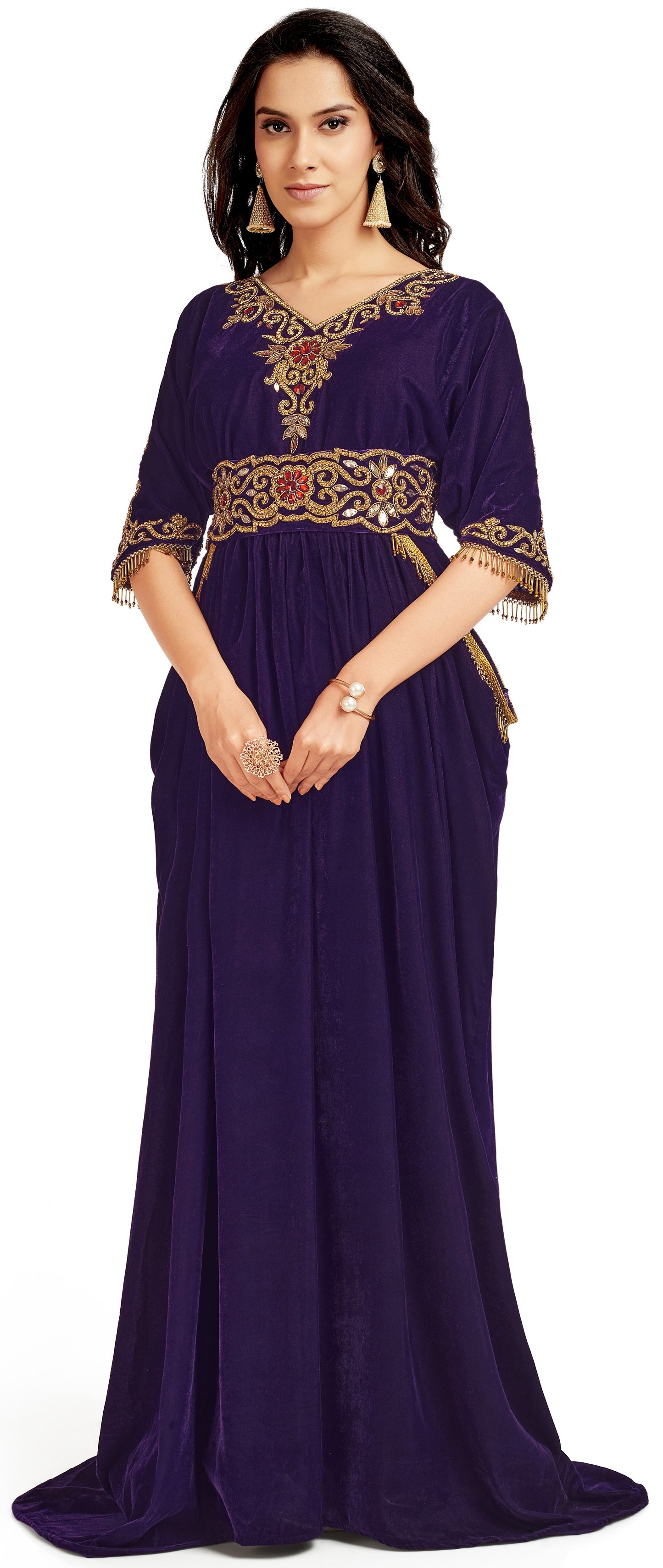 Purple Velvet Ball Gown With Golden Crystal Hand Embroidery 3XL / 52 Inches / No Scarf Purple Velvet Ball Gown With Golden Crystal Hand Embroidery 3XL / 52 Inches / No Scarf