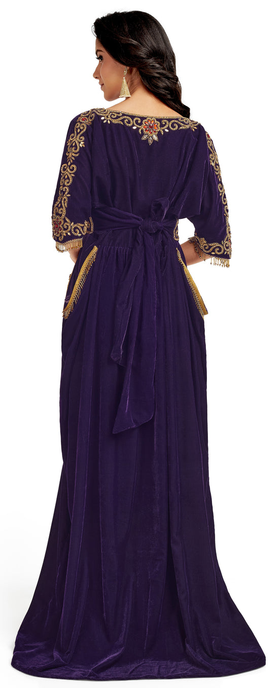 Purple Velvet Ball Gown With Golden Crystal Hand Embroidery - Maxim Creation