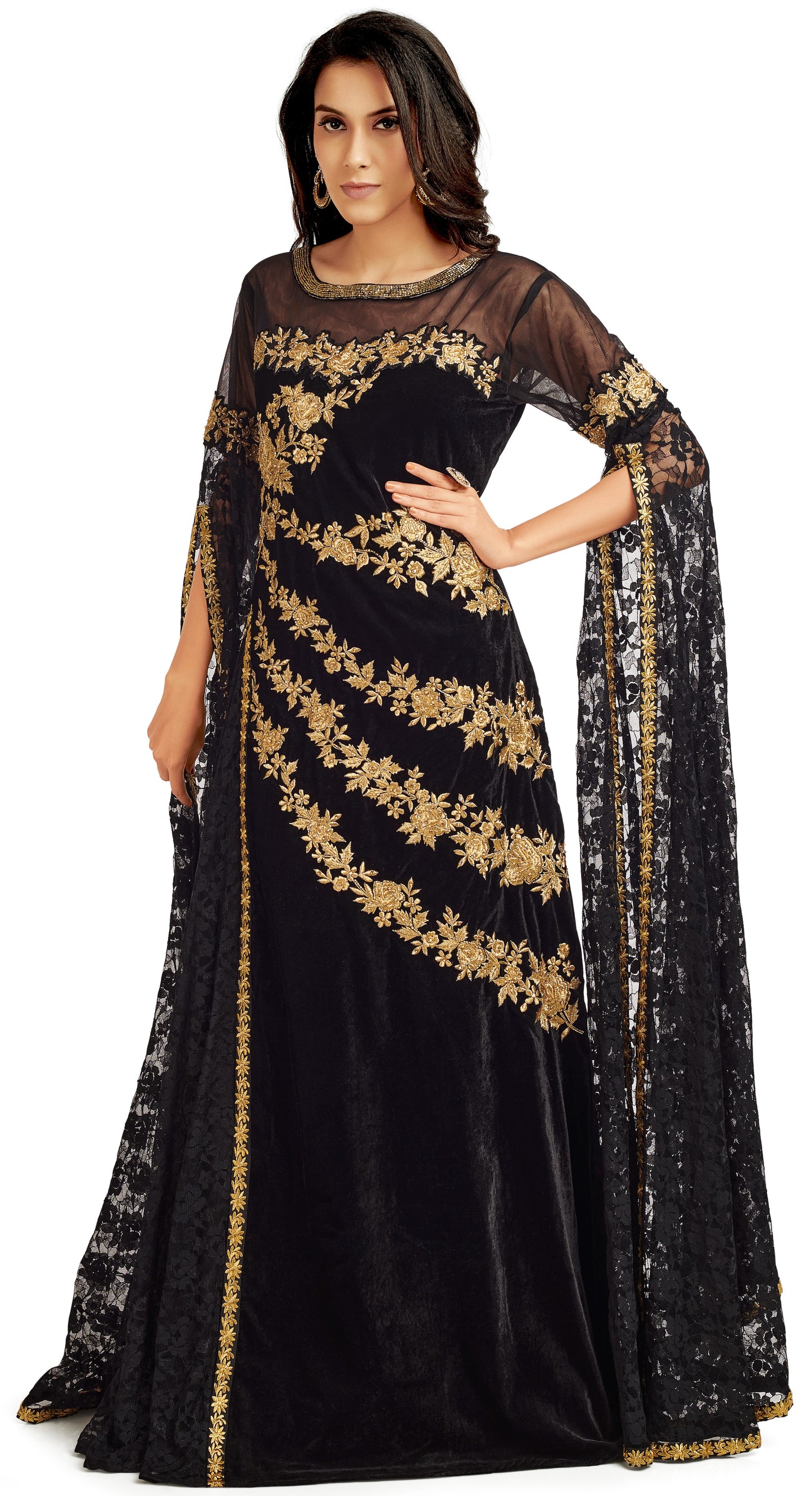 Load image into Gallery viewer, Black Velvet Party Gown with Long Sleeve - Maxim Creation
