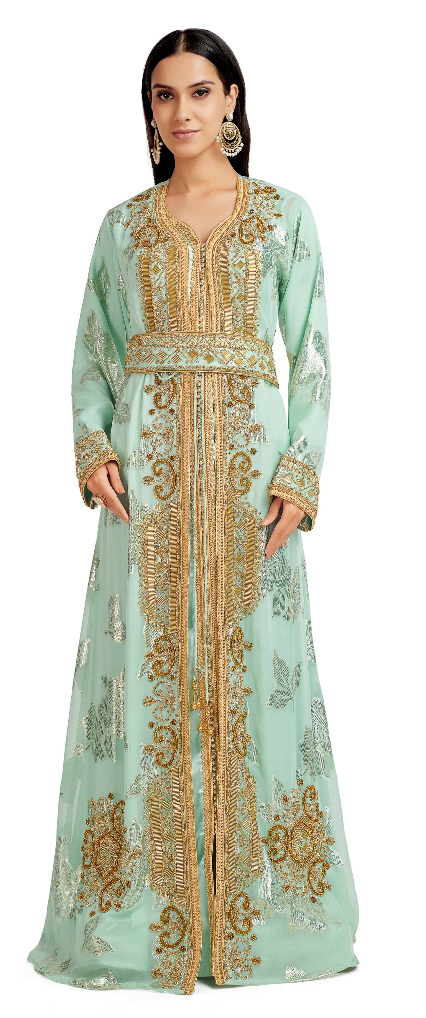 Moroccan Caftan Crystal Hand Work on Embroidered Fabric 3XL / 54 Inches / Matching Embroidered Scarf (24 X 71 Inches) Moroccan Caftan Crystal Hand Work on Embroidered Fabric 3XL / 54 Inches / Matching Embroidered Scarf (24 X 71 Inches)