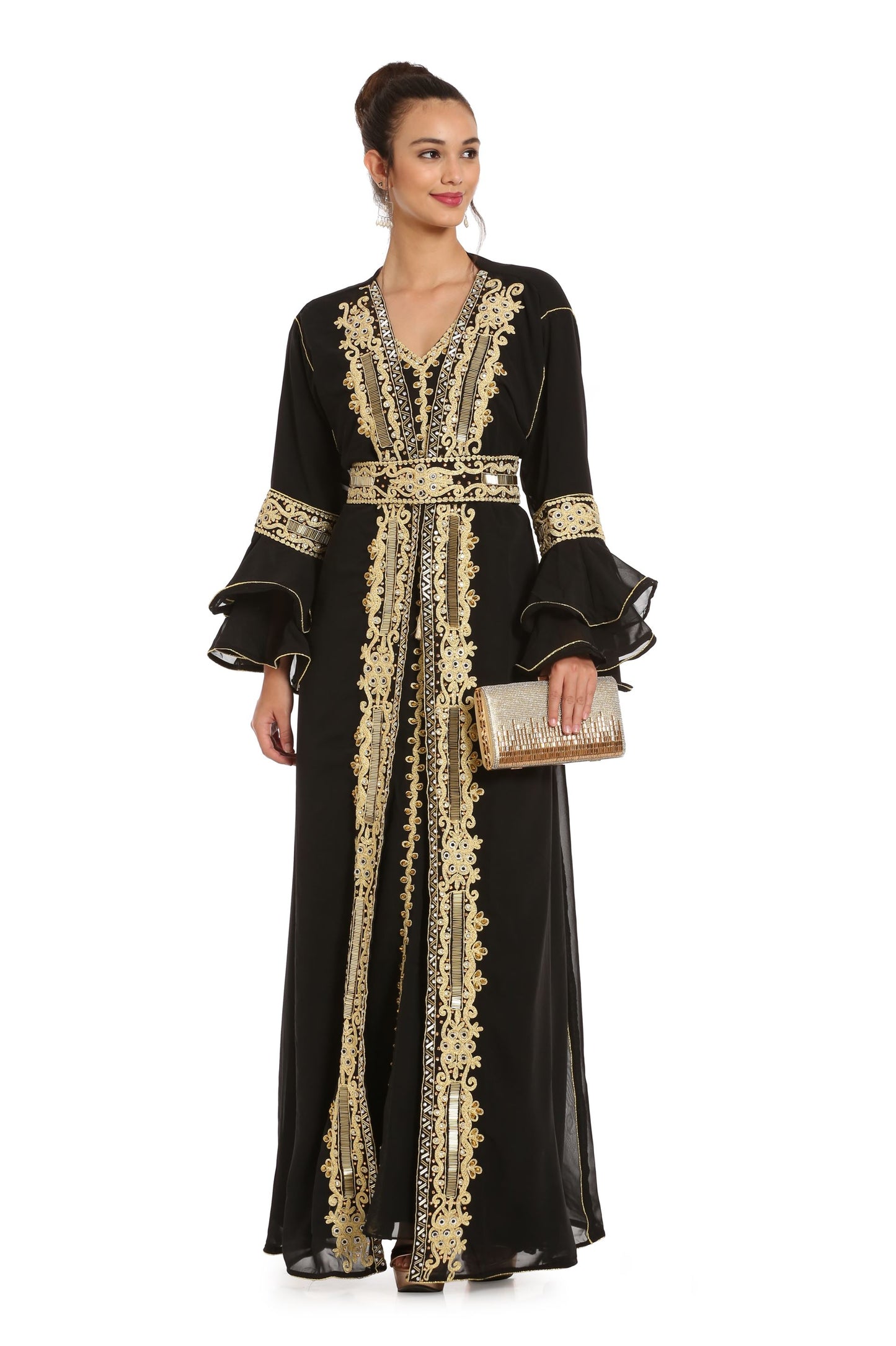Black Abaya Kaftan Henna Party Dress with Long Bell Sleeve L / 56 Inches / No Scarf Black Abaya Kaftan Henna Party Dress with Long Bell Sleeve L / 56 Inches / No Scarf