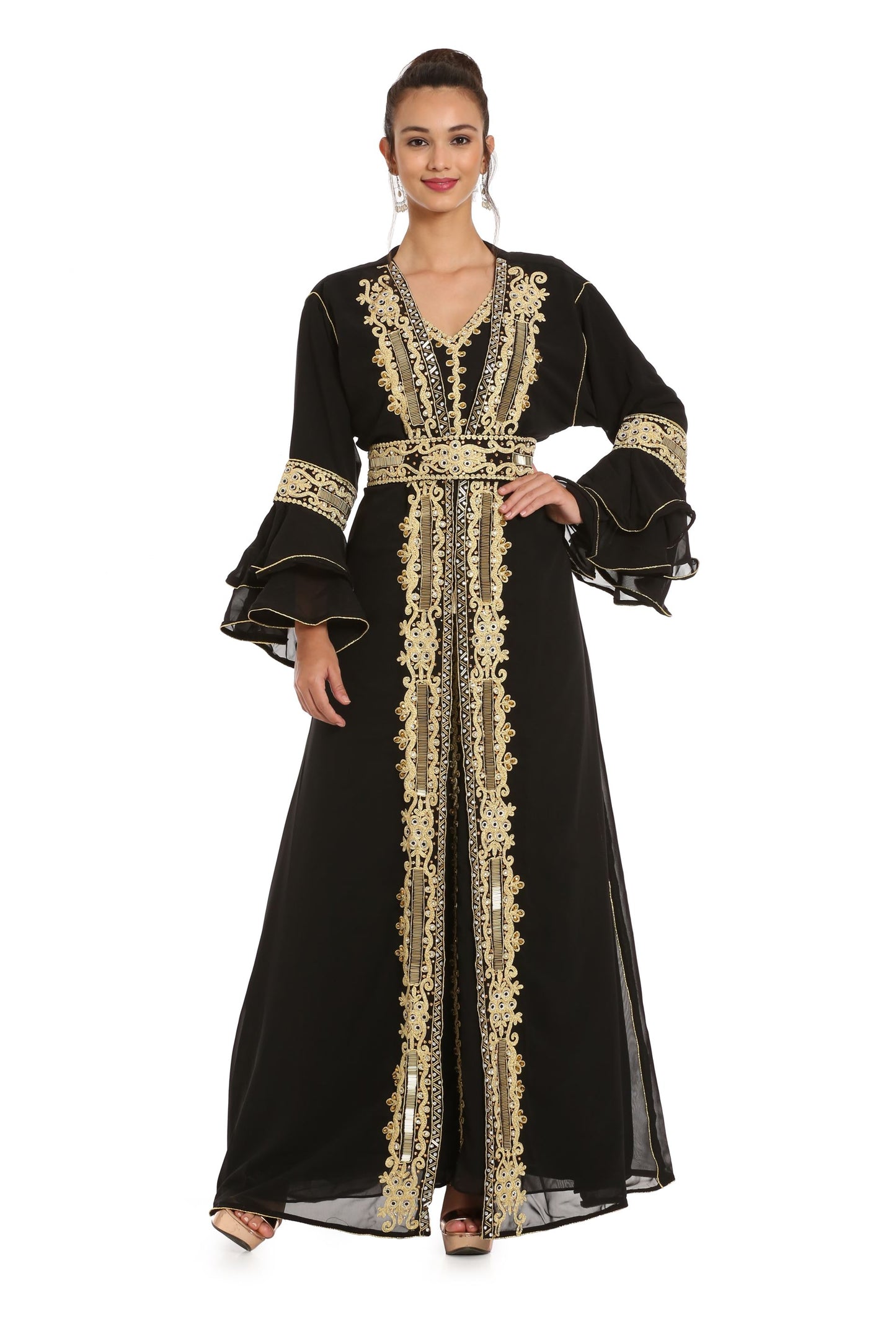 Black Abaya Kaftan Henna Party Dress with Long Bell Sleeve - Maxim Creation