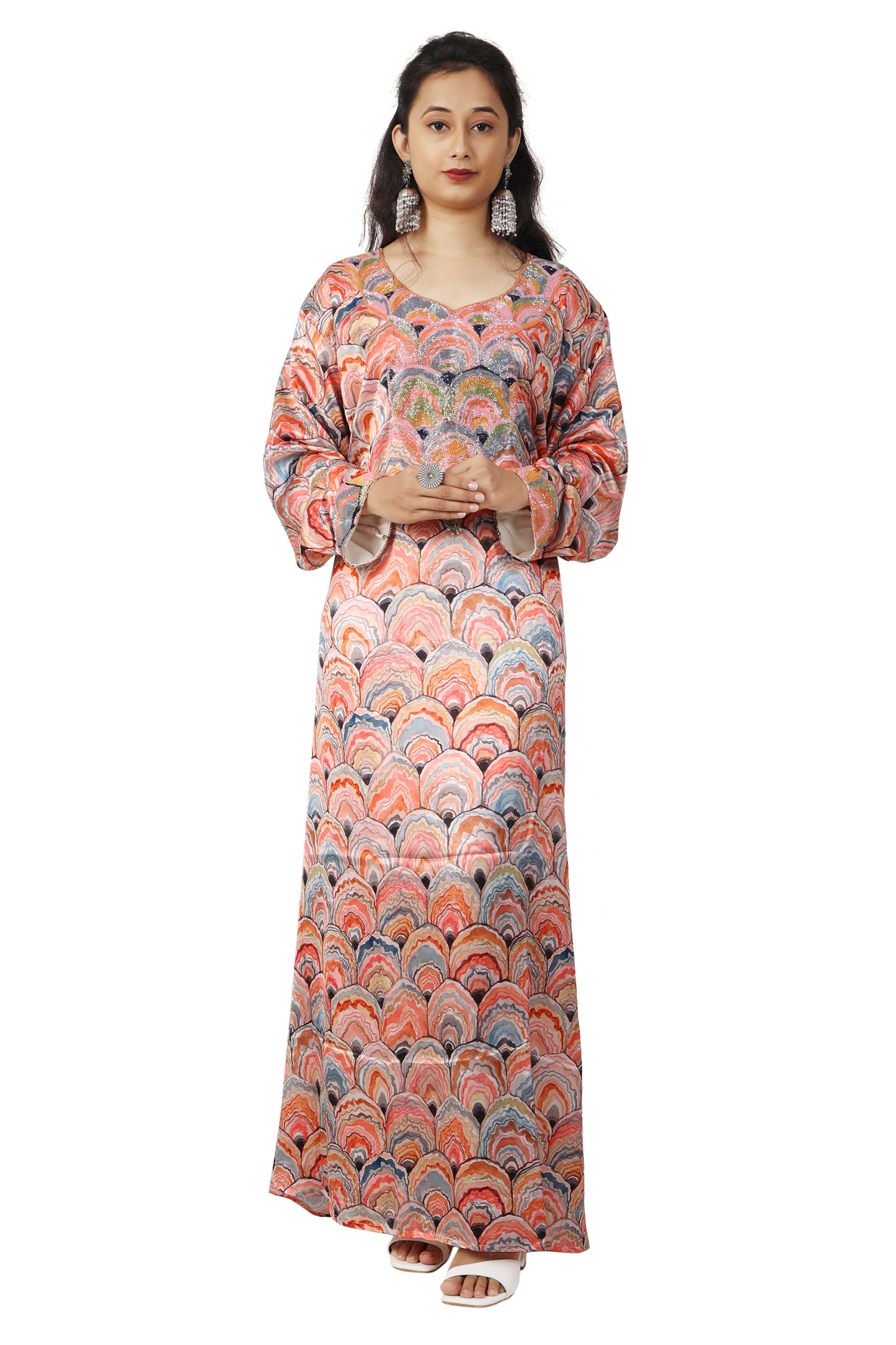 Dubai Farasha Peacock Print Tea Party Gown By Maxim Creation Dubai Farasha Peacock Print Tea Party Gown By Maxim Creation