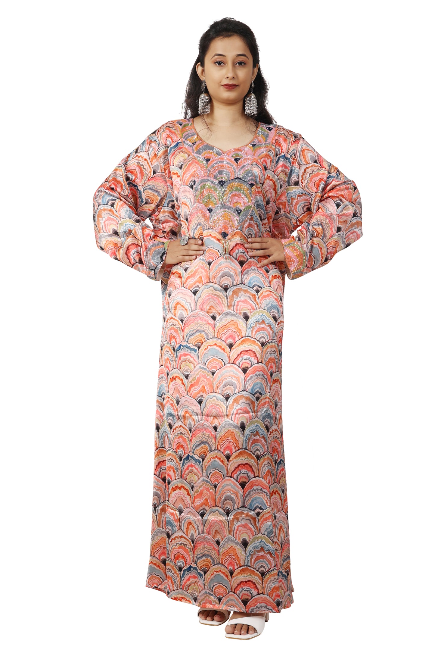 Load image into Gallery viewer, Dubai Farasha Peacock Print Tea Party Gown By Maxim Creation - Maxim Creation

