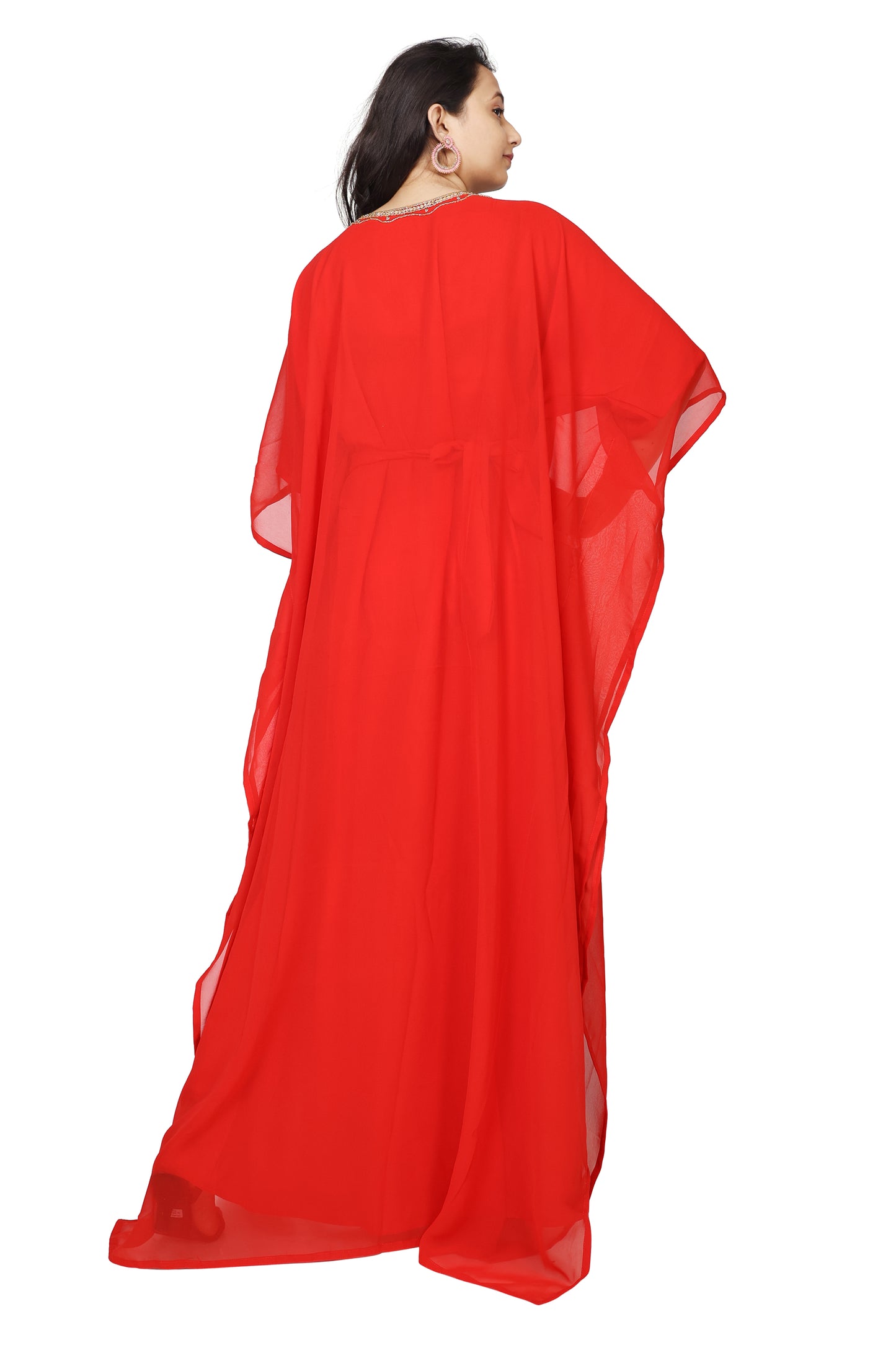 red kaftan maxi dress Kaftan Maxi Dress - Evening & Modest Wear - Gold Belted Batwing Sleeves - Shimmering Fabric - US 0-18