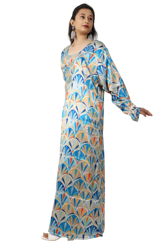 Load image into Gallery viewer, Dubai Farasha Kaftan Satin Flower Print Evening Tea Party Gown - Maxim Creation
