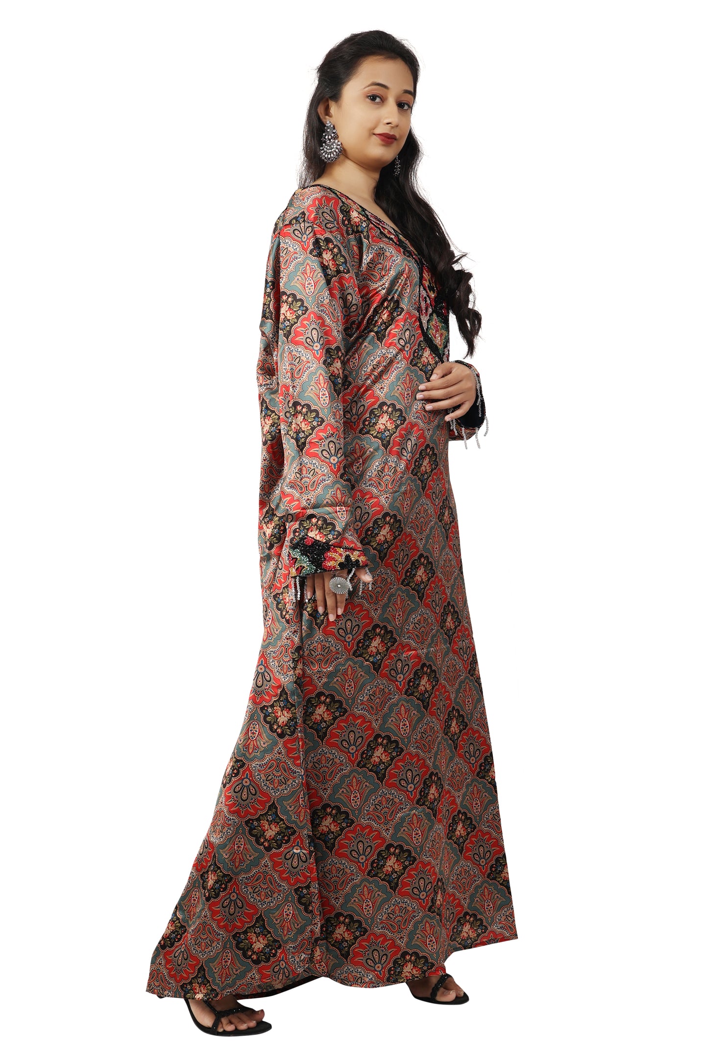 Flower Print Party Gown In Printed Satin with Handwork - Maxim Creation