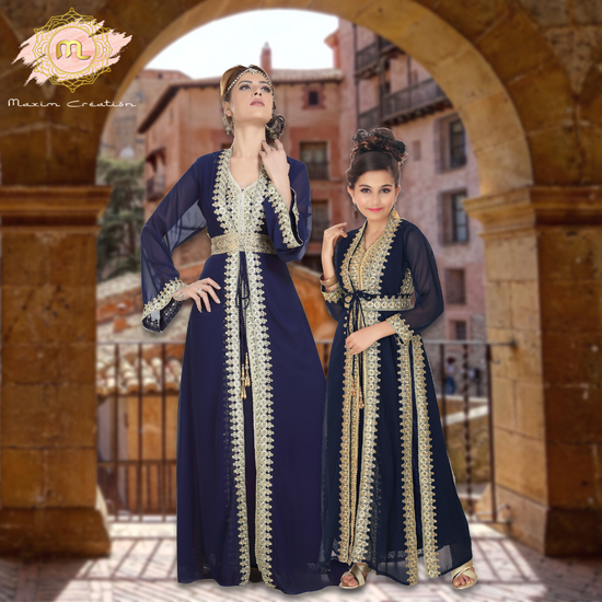 Load image into Gallery viewer, Designer Kaftan With Golden Lace Work Party Gown - Maxim Creation
