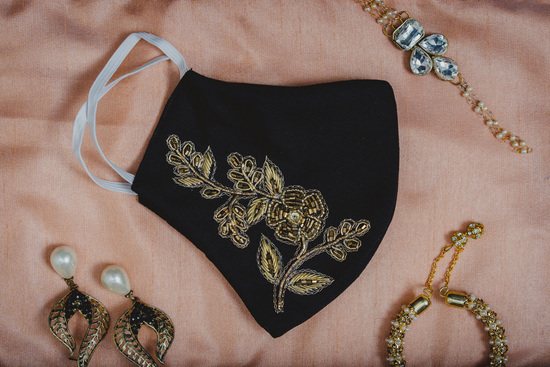 Black Coloured Cotton Face Mask with Petal Textured Embroidery - Maxim Creation
