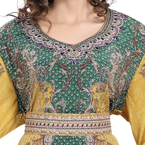 Charger l&amp;#39;image dans la galerie, Yellow Printed Kaftan with Crystal Luxe Beads - Maxim Creation
