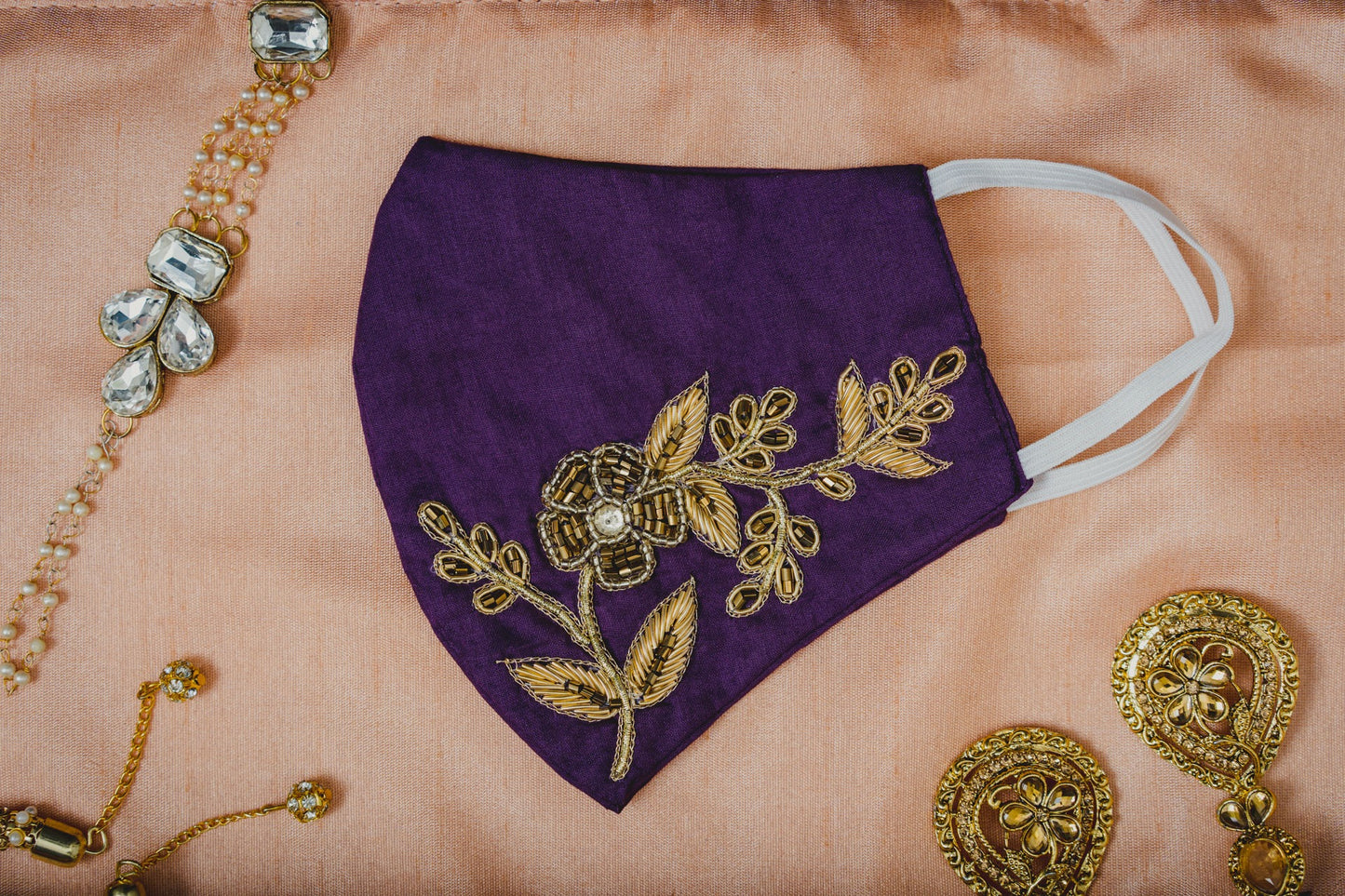Floral Embroidery on Purple Coloured Cotton Face Mask - Maxim Creation