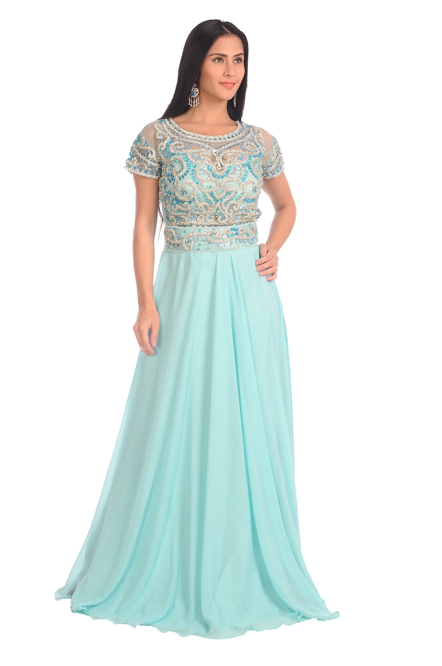 Load image into Gallery viewer, SHORT SLEEVE PROM DRESS SKY BLUE MAXI - Maxim Creation
