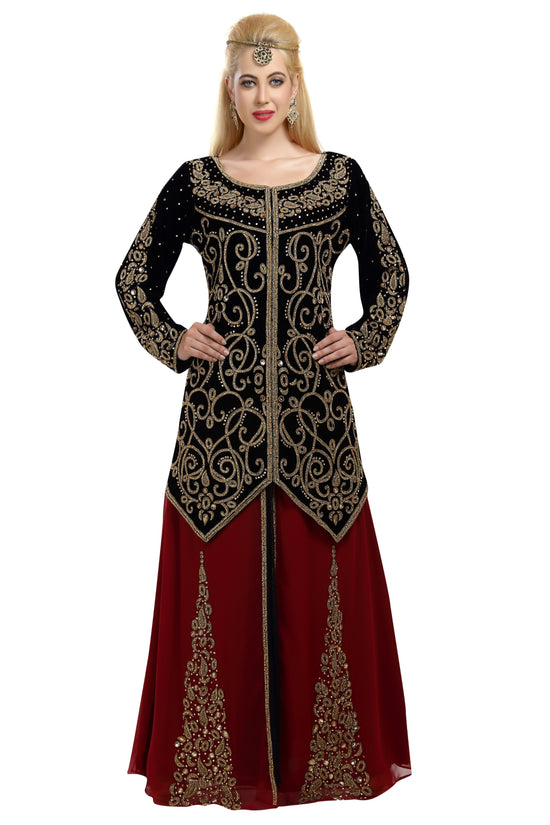 Load image into Gallery viewer, Embroidered Kaftan in Black-Maroon Velvet Fabric Takchita Gown - Maxim Creation
