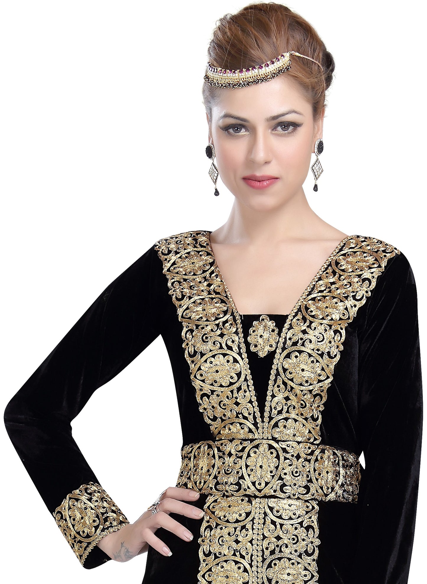 Arabian Kaftan in Black Velvet Long Maxi Gown - Maxim Creation
