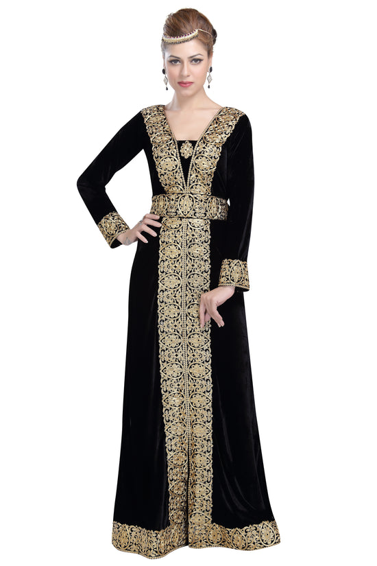 Arabian Kaftan in Black Velvet Long Maxi Gown - Maxim Creation