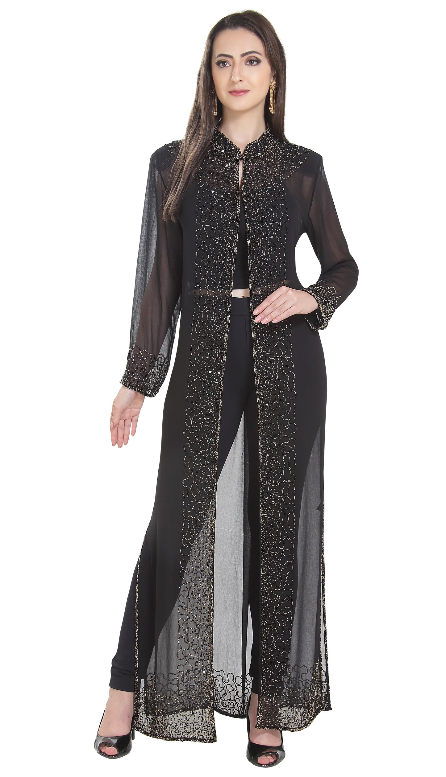 Long Overcoat Jacket With Embroidery - Maxim Creation