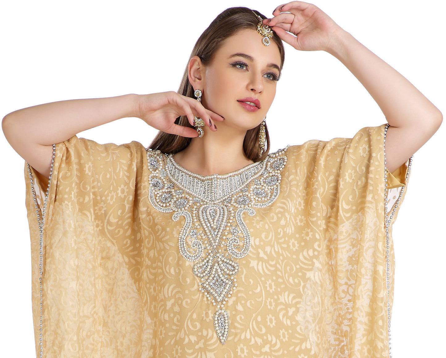 Party Caftan in Beige Brasso Printed Maxi Gown - Maxim Creation